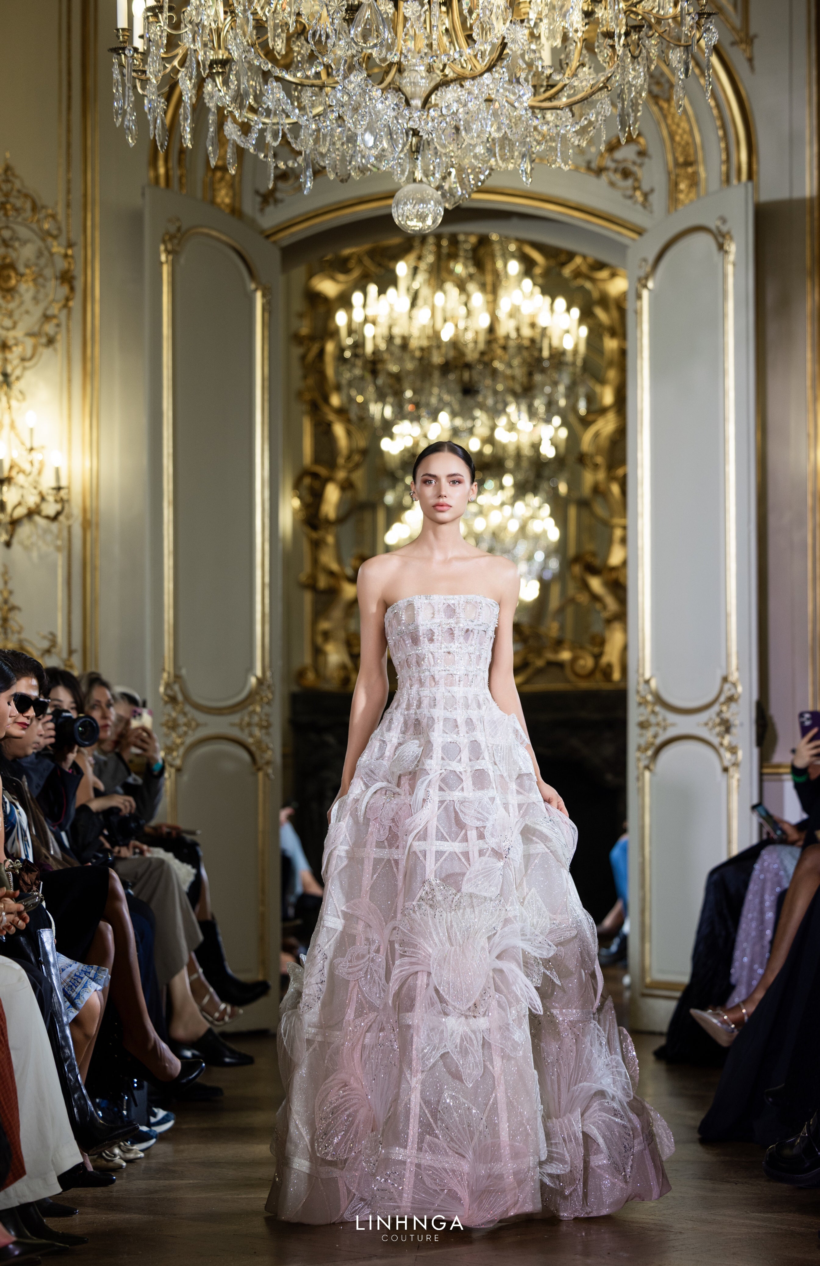 Linh Nga LMBAT249 – Strapless Grid-Textured Gown with Floral Appliqués