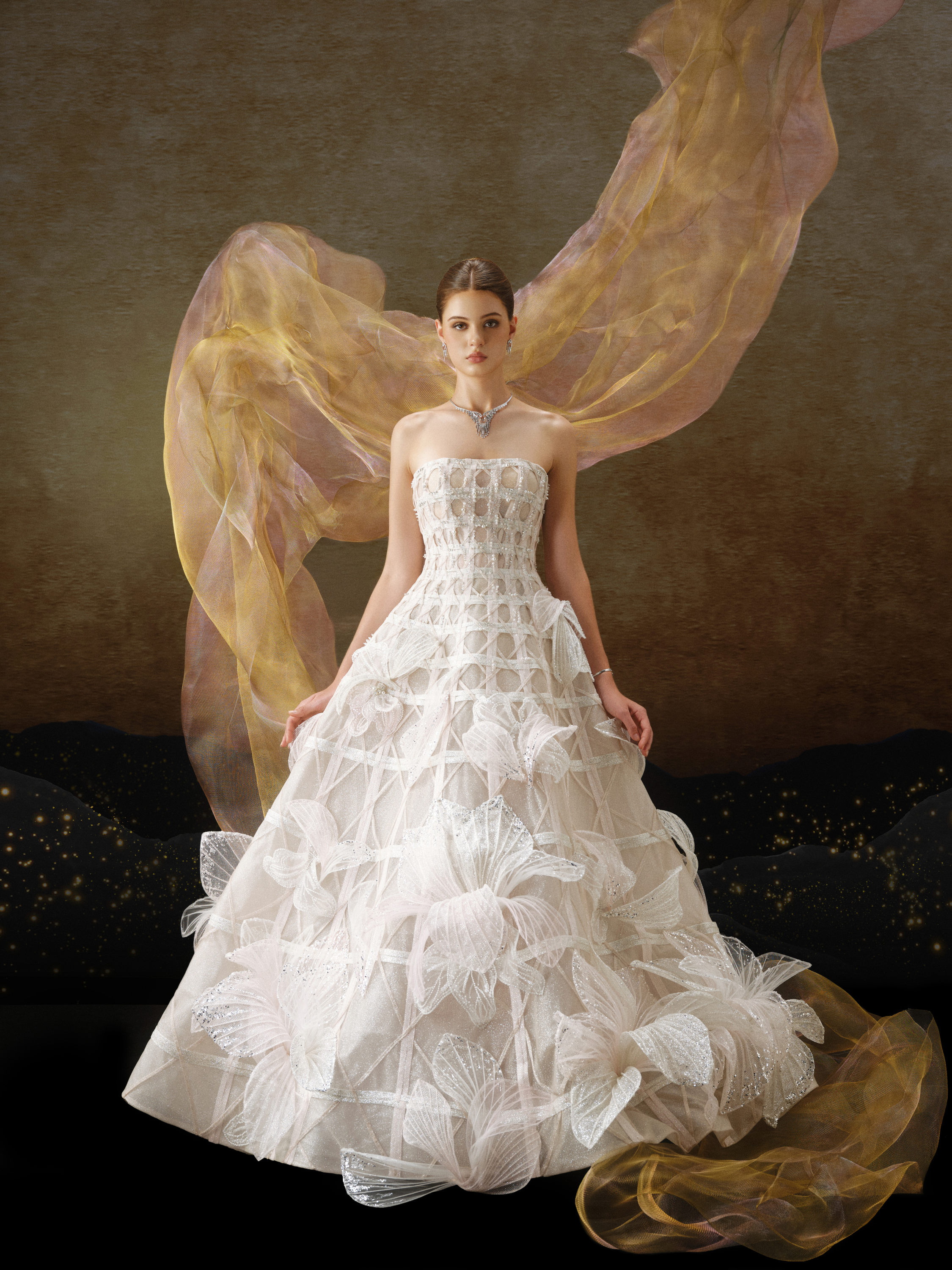 Linh Nga LMBAT249 – Strapless Grid-Textured Gown with Floral Appliqués