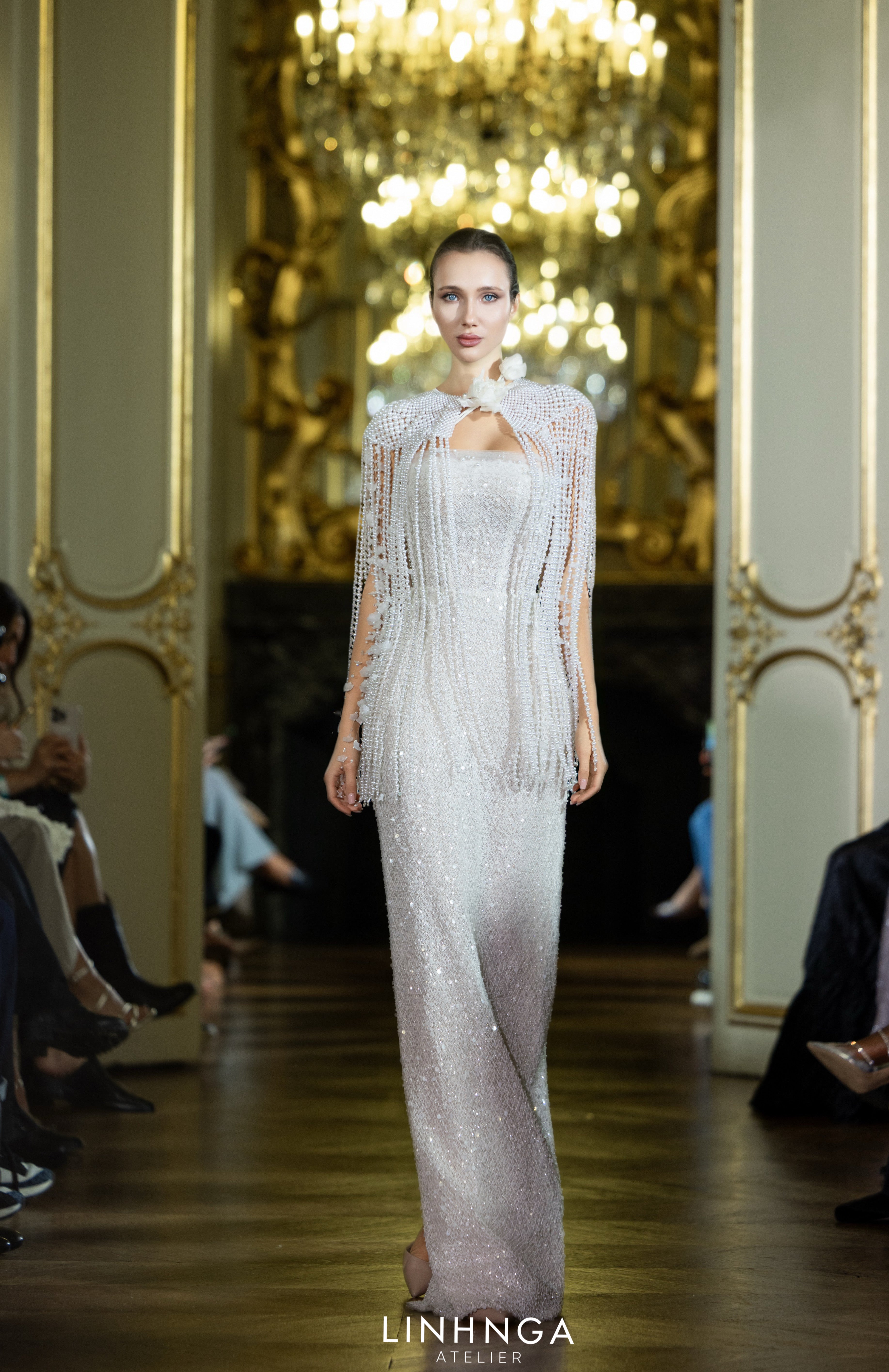 Linh Nga LMBCT298 – Strapless Beaded Gown with Sheer Cape Overlay