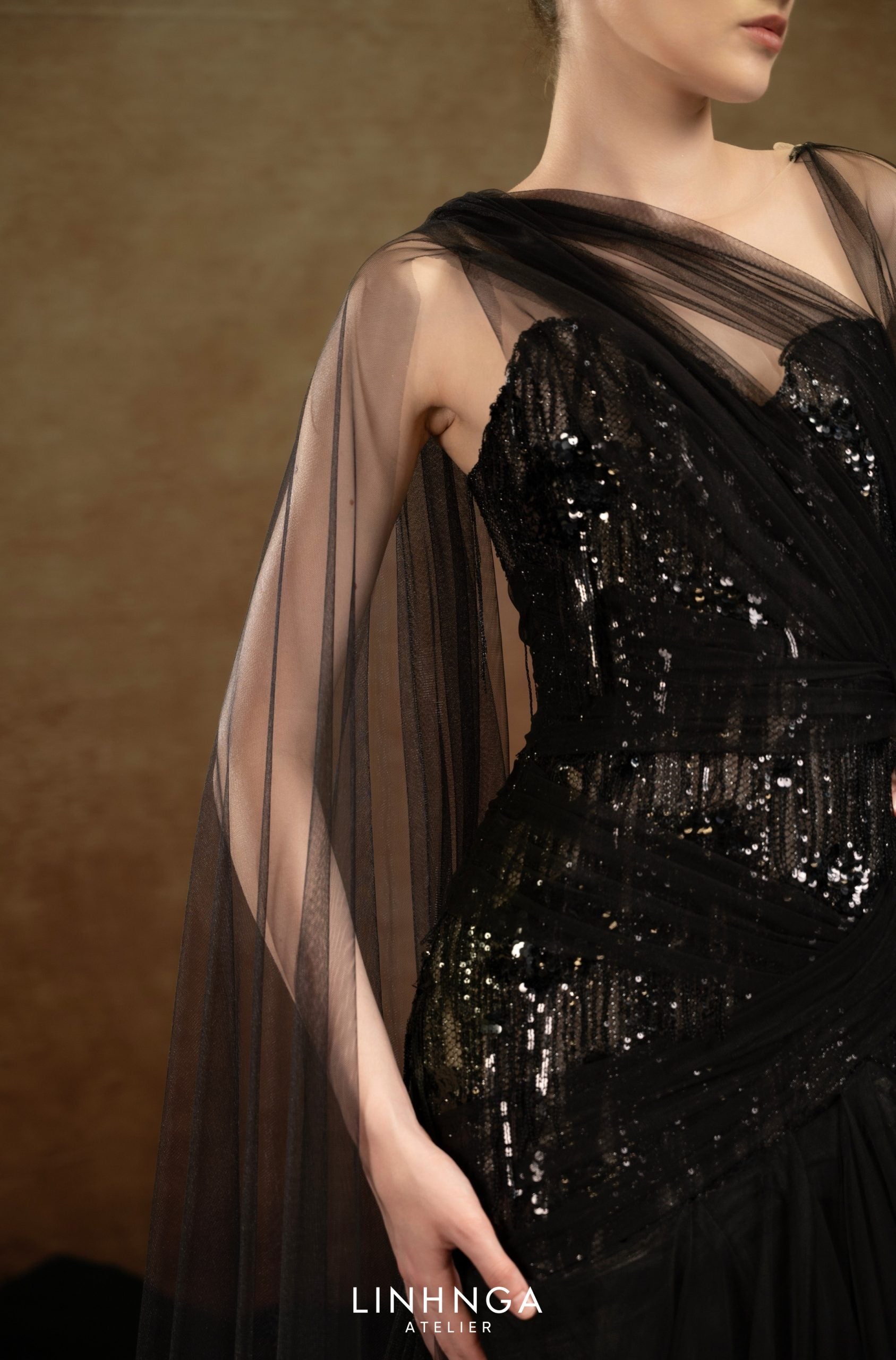 Linh Nga LXBAT247 – Dramatic Sheer Cape A-Line Elegance