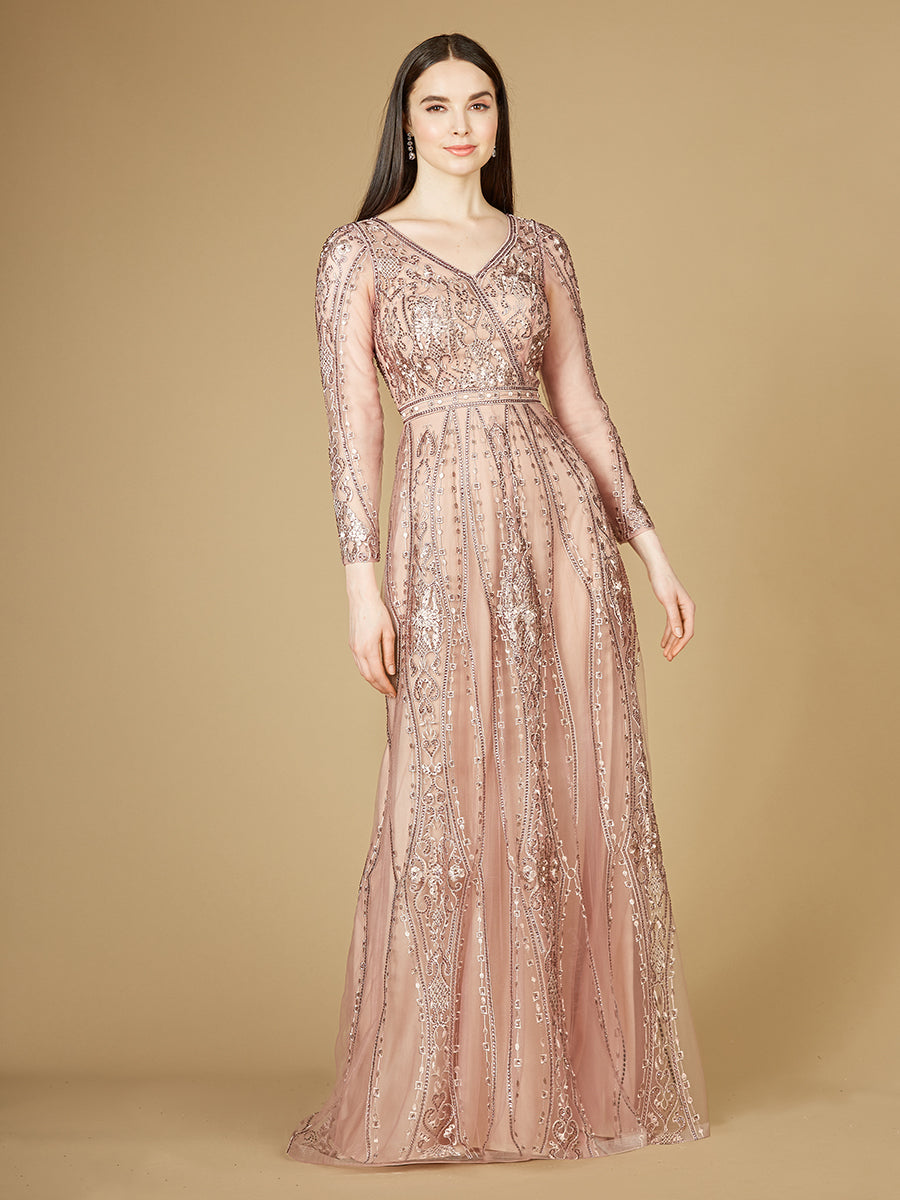 Long Illusion Sleeves A-Line Lace Gown with Rhinestones 29788