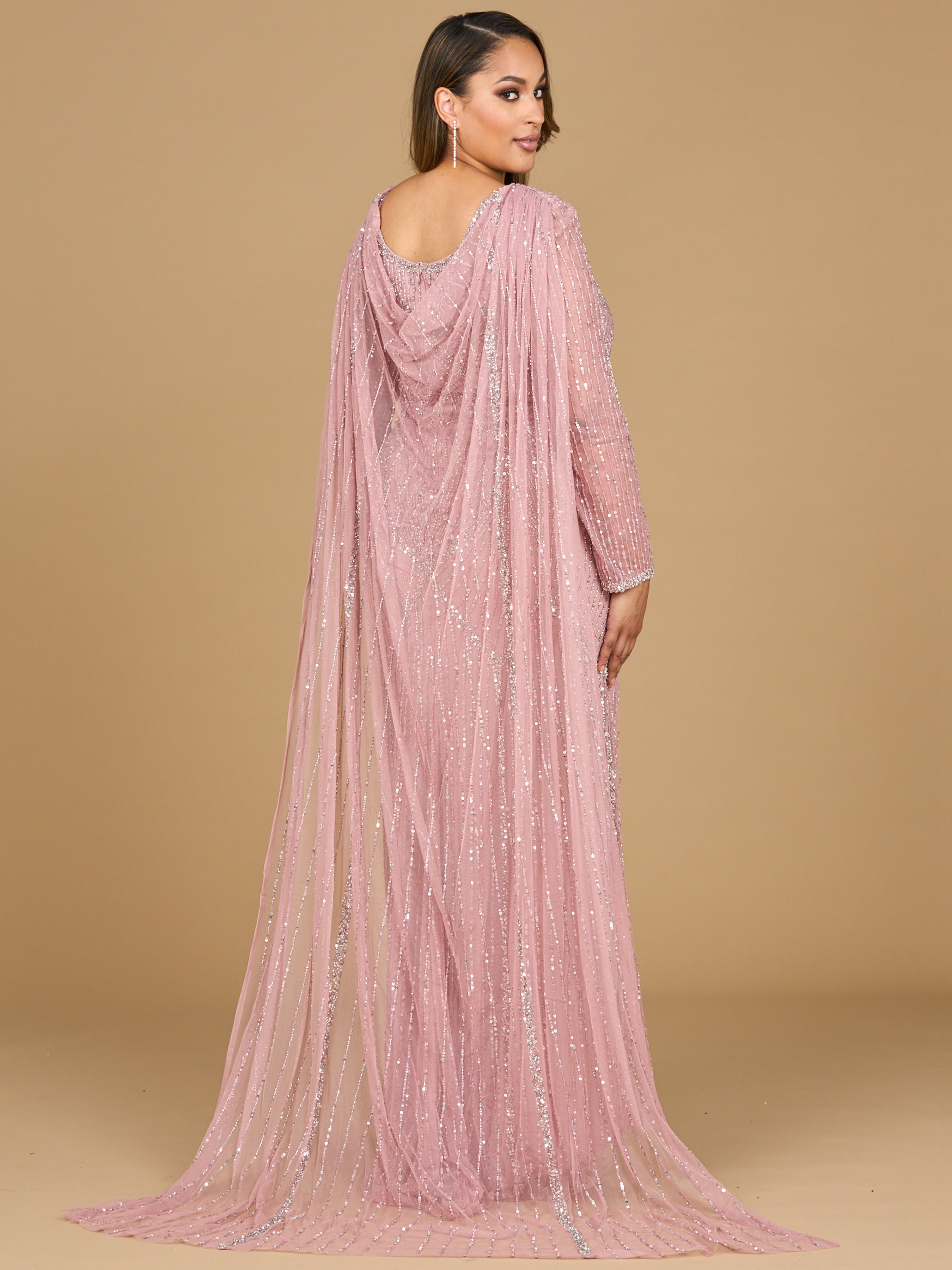 Long Sleeve Beaded Gown with Cape 28956