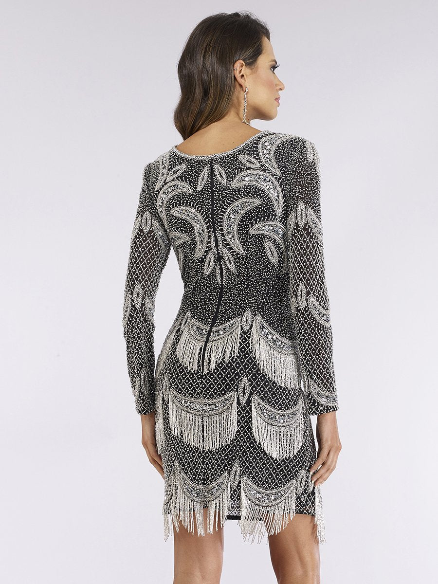 Long Sleeve Beaded V-Neck Fringe Cocktail Dress 29377