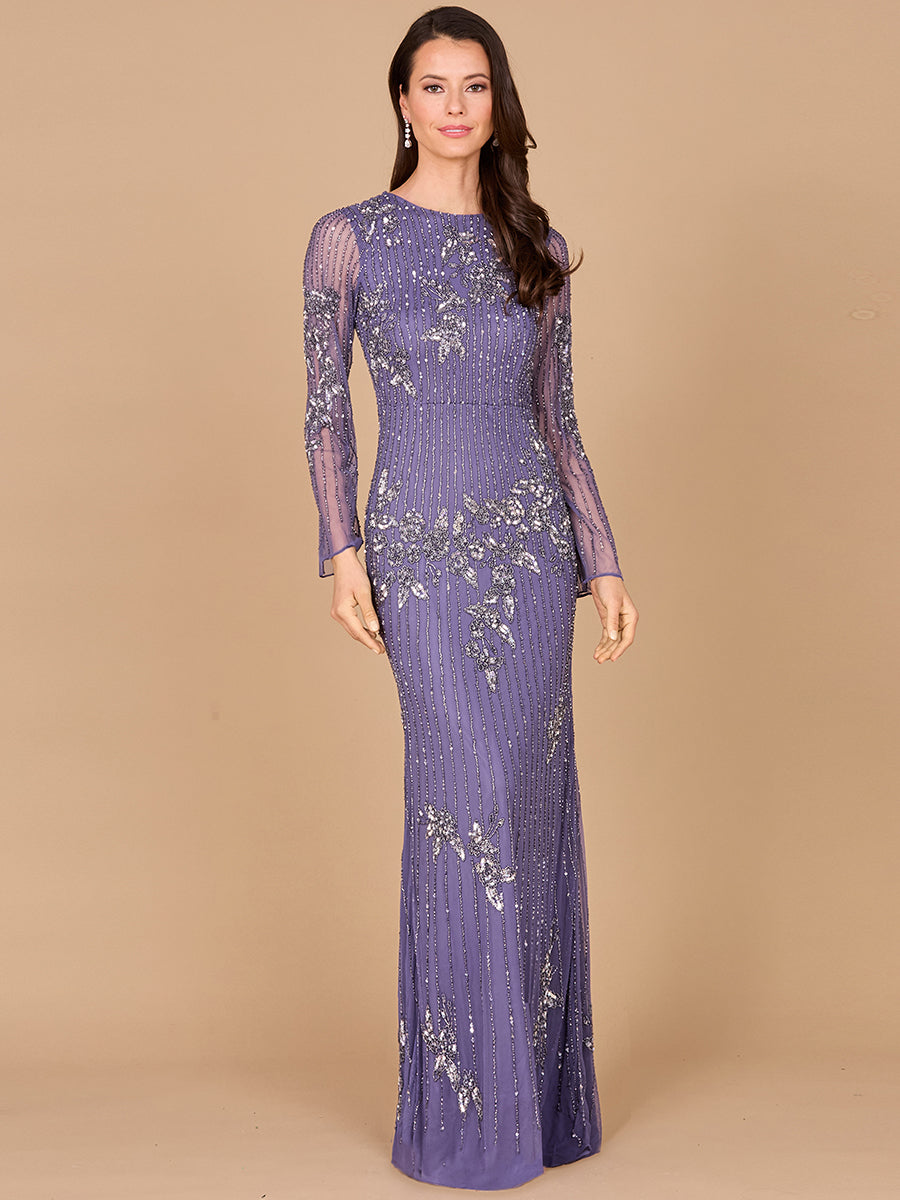 Long Sleeve, High Neck Beaded Gown - OUTLET 29079