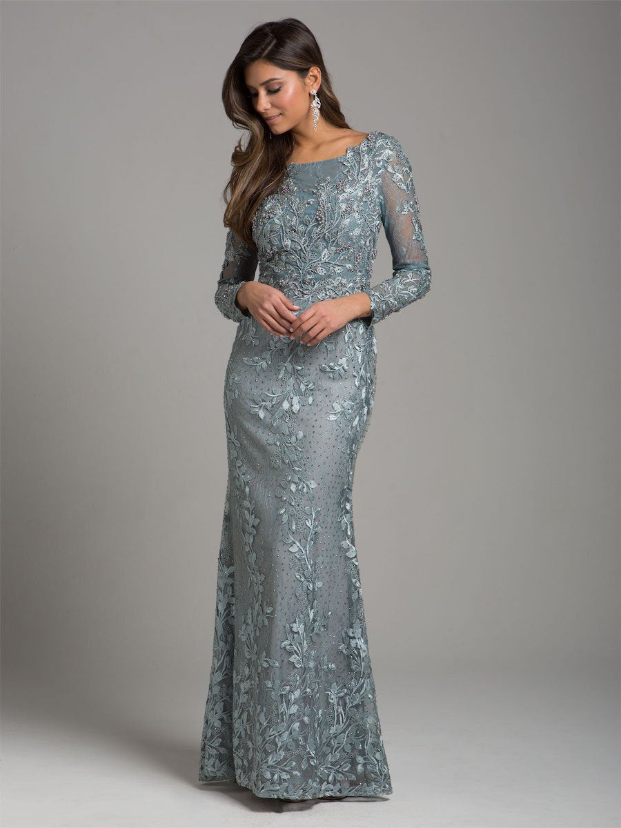 Long Sleeve Lace Dress with Lace Appliques & High Neckline 29924