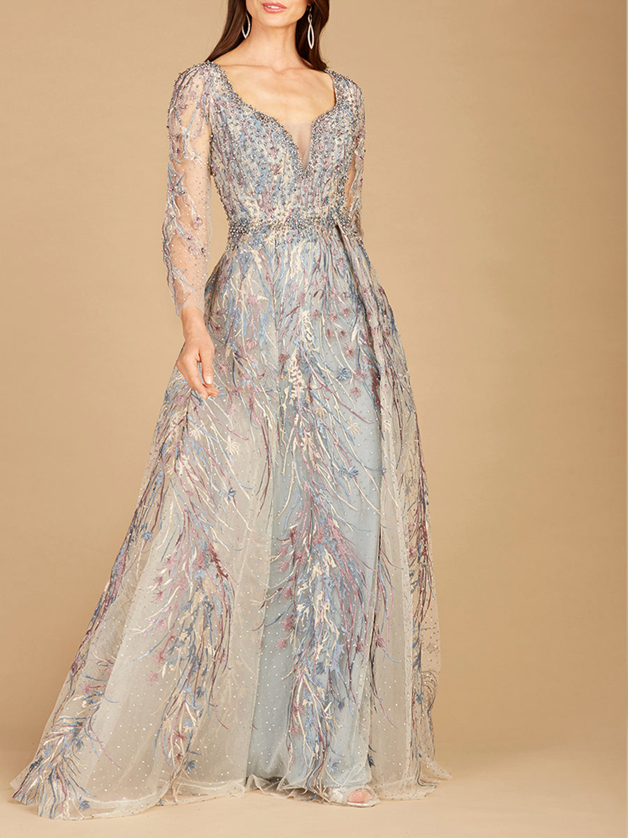 Long Sleeve Lace Gown with Overskirt 29452