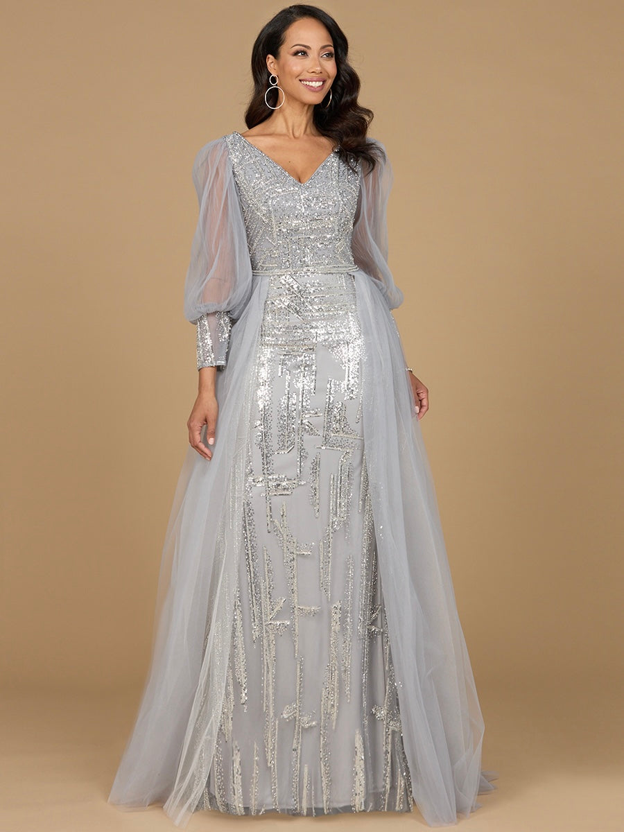Long Sleeve Lace Gown with Removable Over Skirt 29158