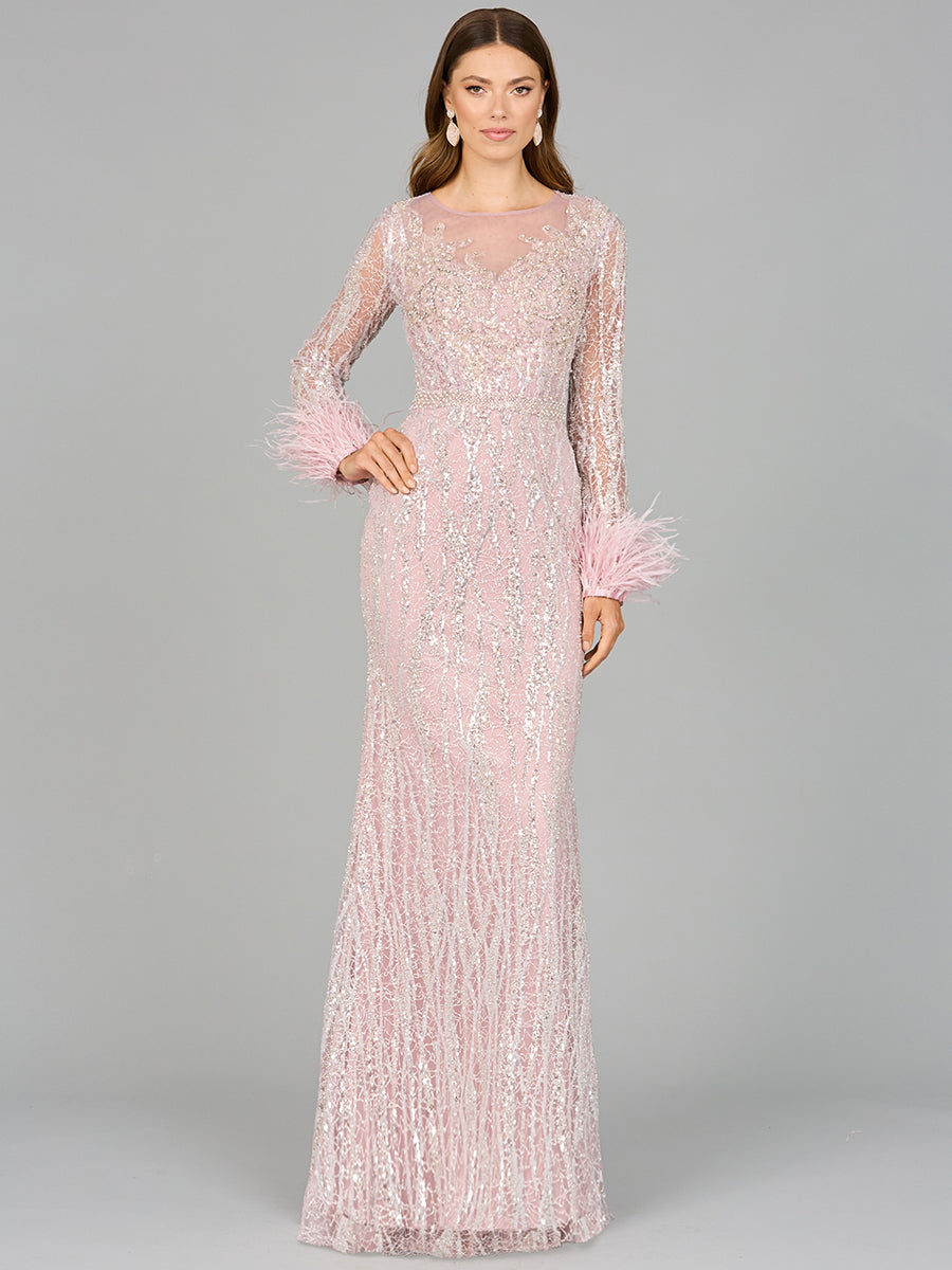 Long Sleeve Sheath Gown with Feathers 29049