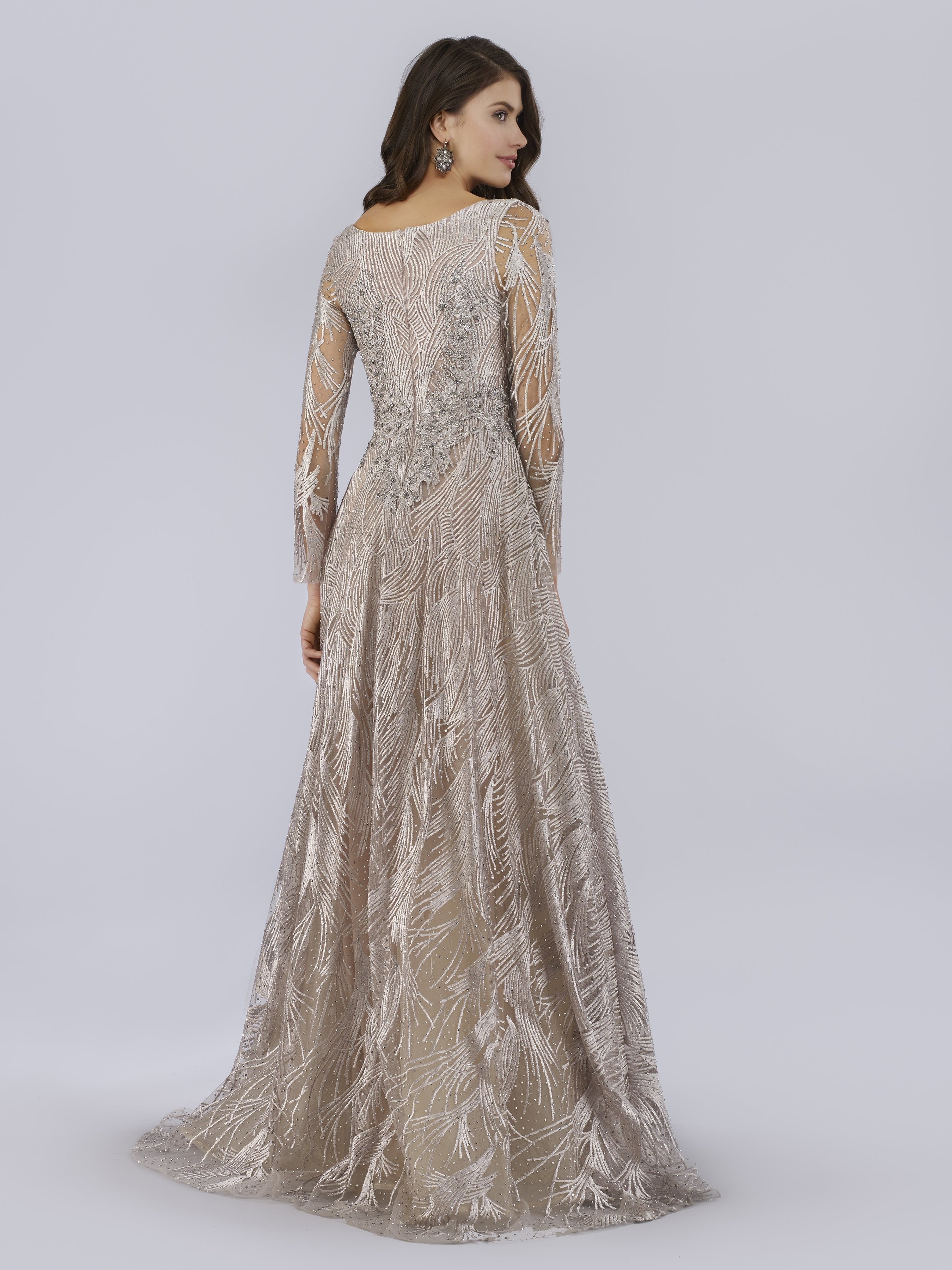 Long Sleeves Lace Beaded Ballgown with V-Neckline 29753