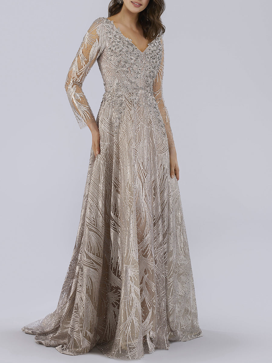 Long Sleeves Lace Beaded Ballgown with V-Neckline 29753
