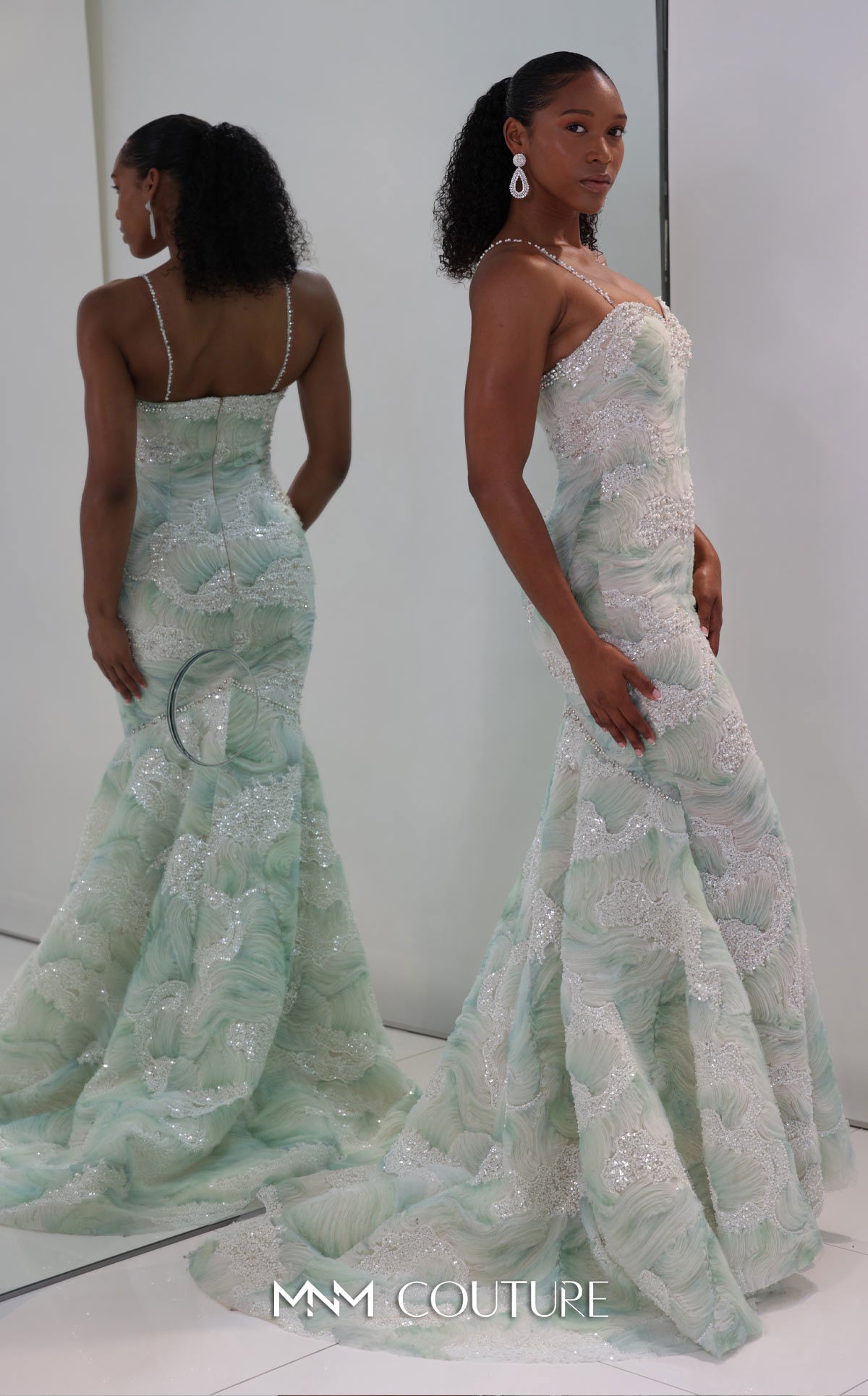 MNM Couture M1133 - 3D Wave Tulle Mermaid Gown with Pearl Detailing