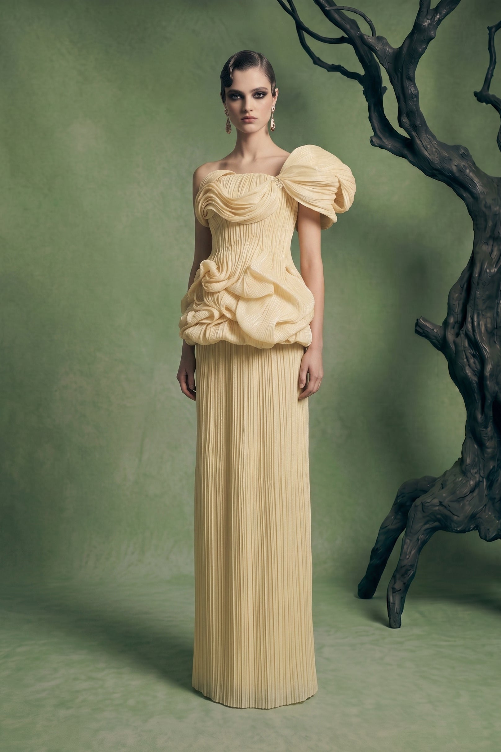 Li Beirut B1186 – Strapless Nude Woven Peplum Couture Evening Gown