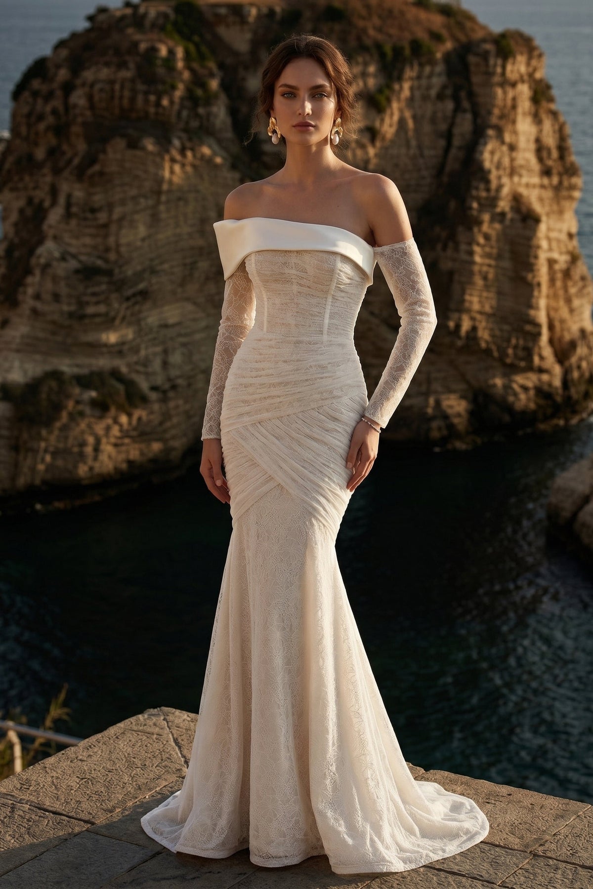 Li Beirut M1209A – Off-Shoulder Lace Mermaid Evening Gown with Sheer Sleeves