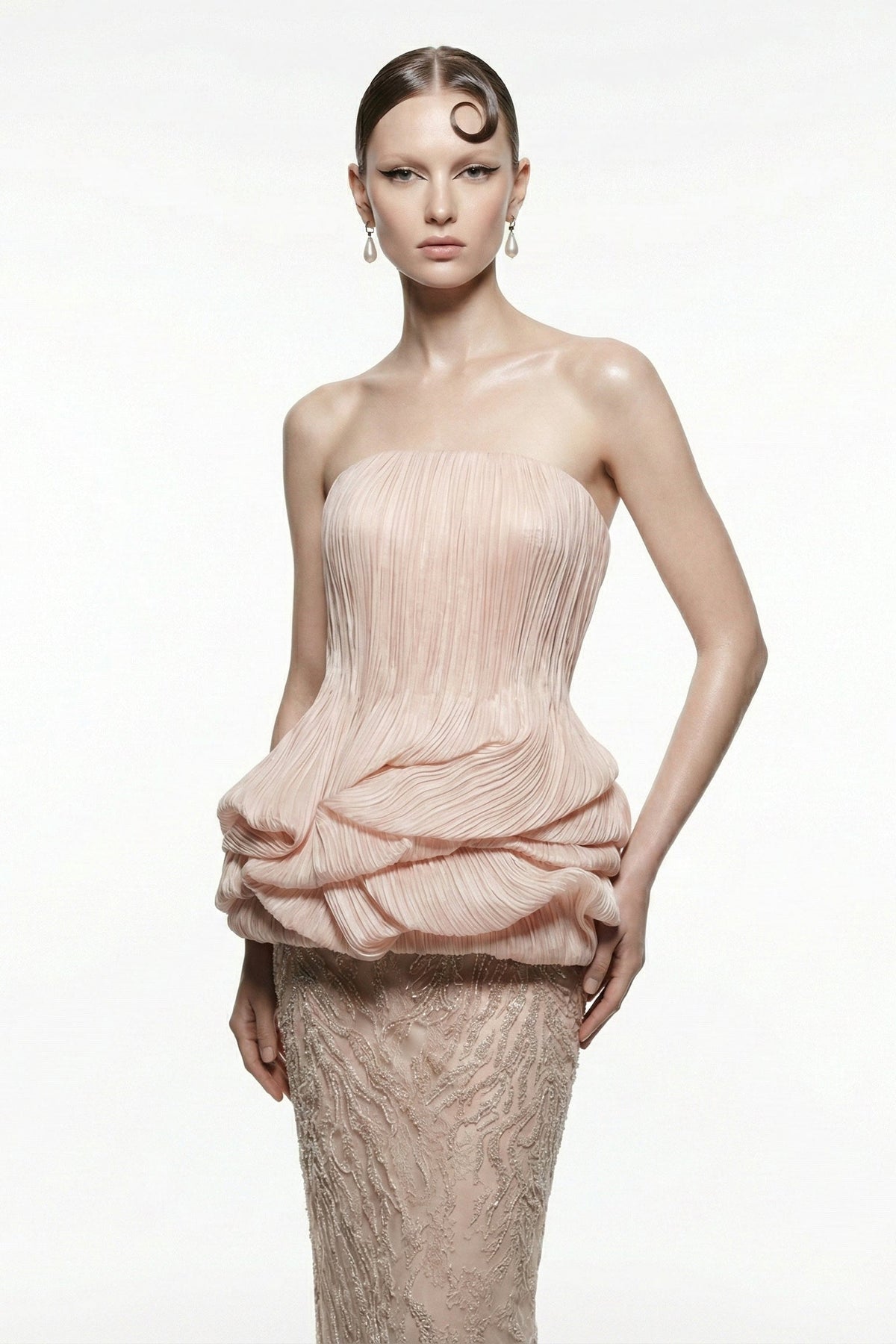 Li Beirut M1228 – Strapless Peplum & Lace Column Evening Gown in Blush