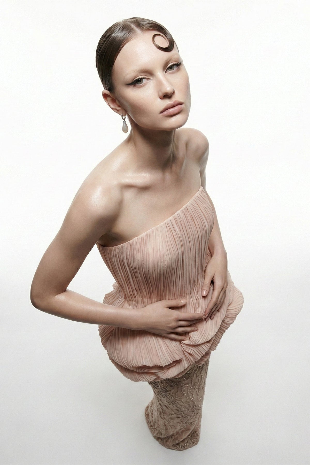 Li Beirut M1228 – Strapless Peplum & Lace Column Evening Gown in Blush
