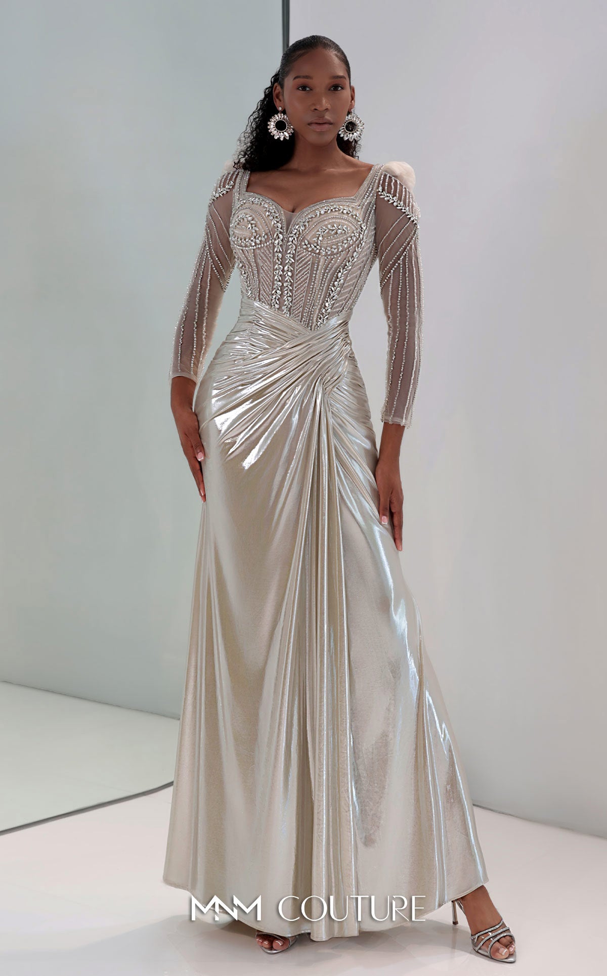 MNM Couture M1312 - Gold Satin Mermaid Gown with Beaded Sheer Sleeves MNM Couture M1312 - Gold Satin Mermaid Gown with Beaded Sheer Sleeves
