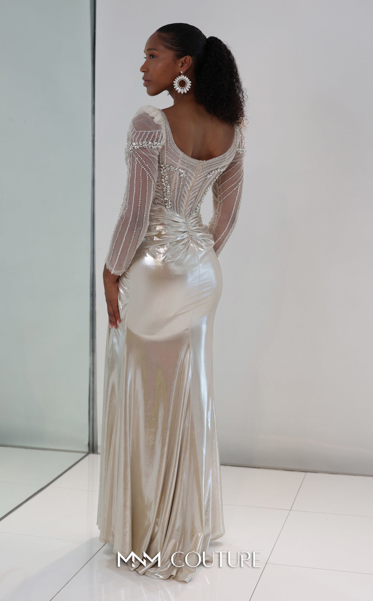 MNM Couture M1312 - Gold Satin Mermaid Gown with Beaded Sheer Sleeves