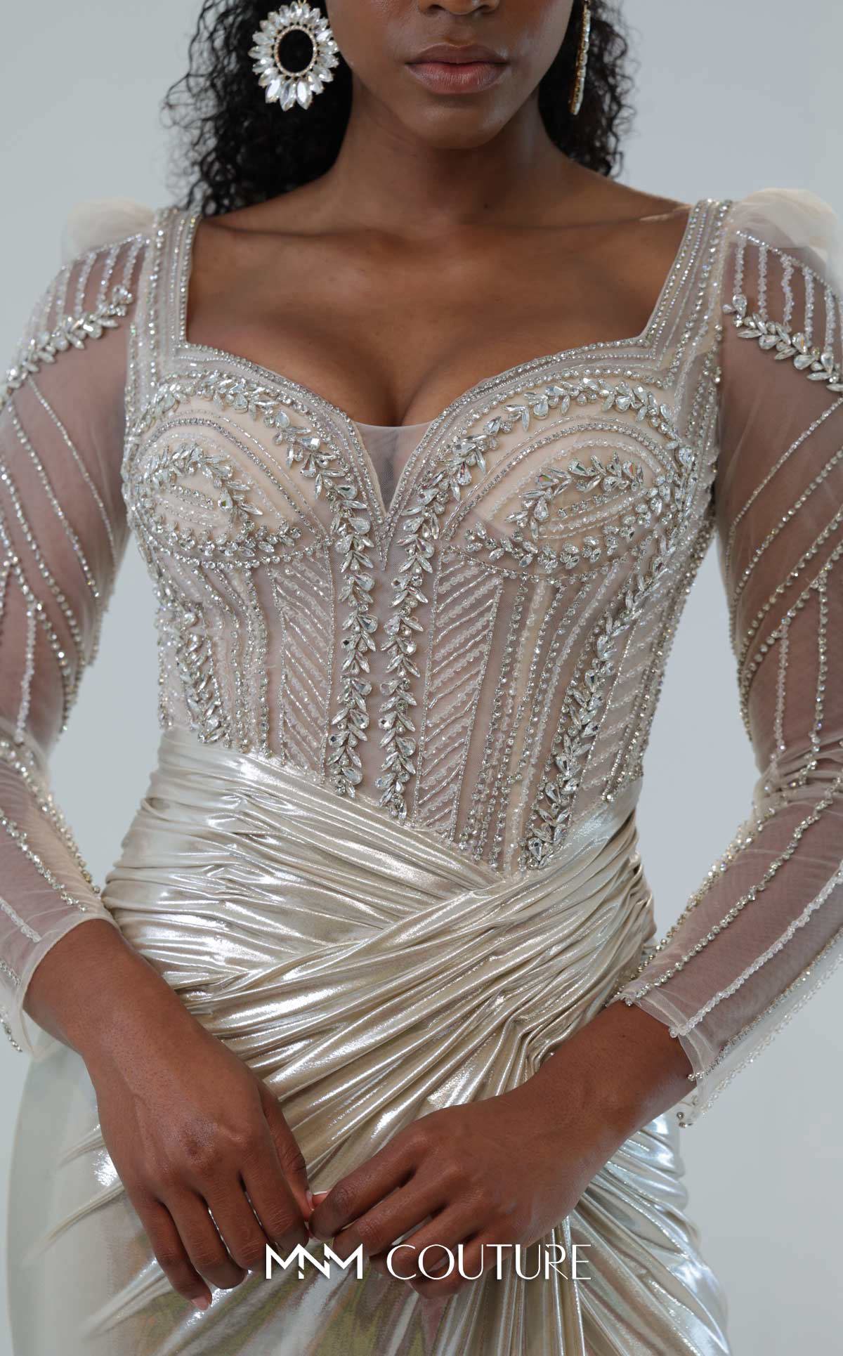 MNM Couture M1312 - Gold Satin Mermaid Gown with Beaded Sheer Sleeves