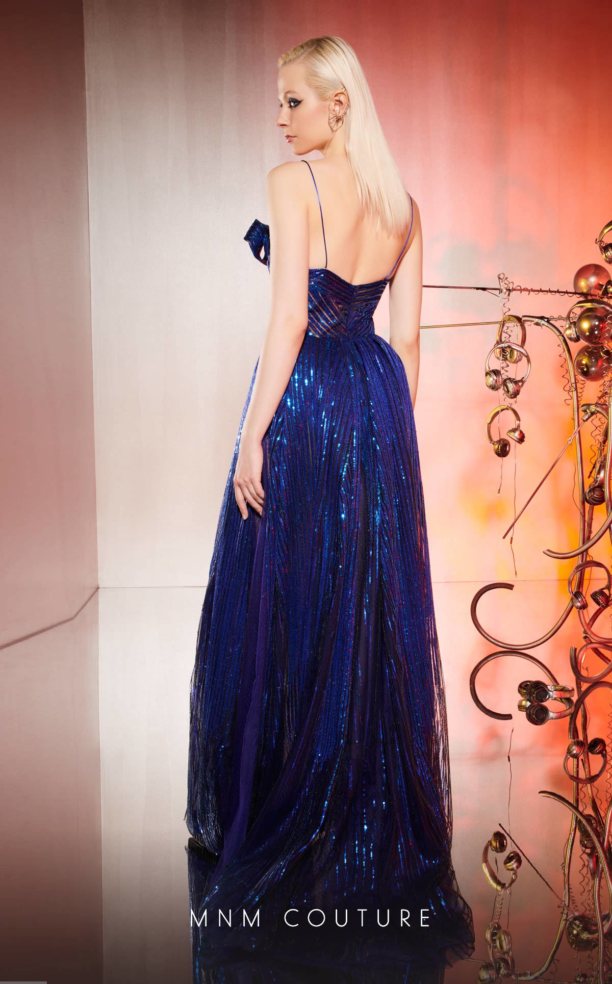 MNM Couture E0049 Royal Blue Embroidered Mesh A-Line Gown with Asymmetric Knotted Neckline