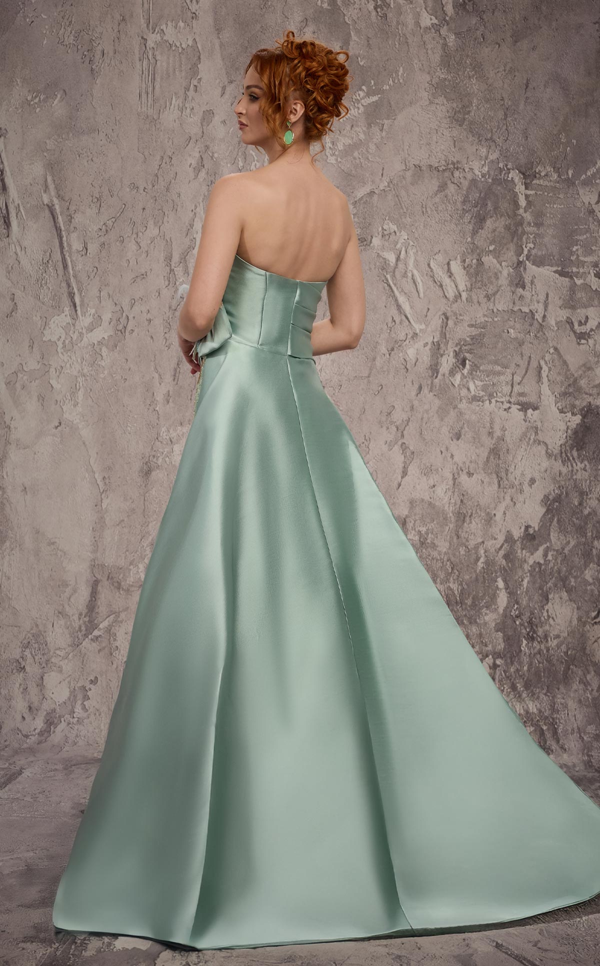 MNM Couture J03497: Satin & Beaded Column Gown with Train