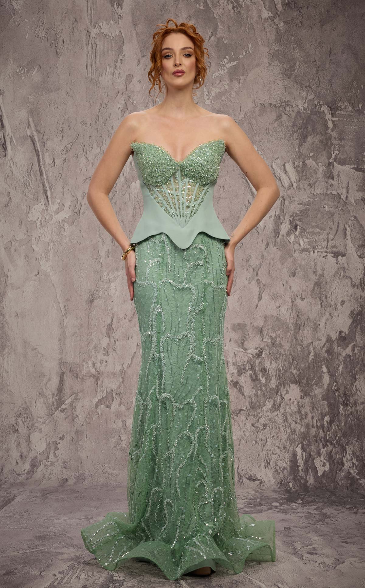 MNM Couture J03585: Beaded Lace Trumpet Gown