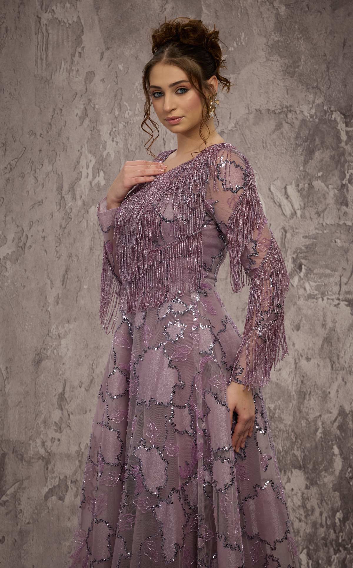 MNM Couture J03621: Fringe Beaded A-Line Gown