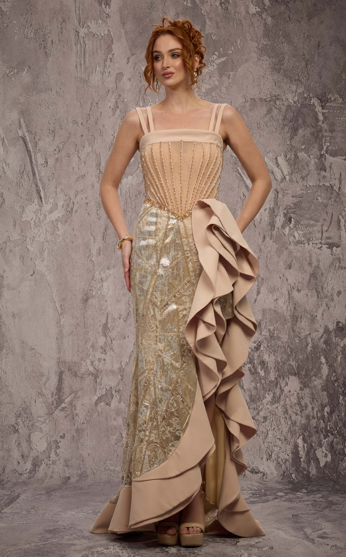 MNM Couture J03632: Beaded Molly Corset Column Gown