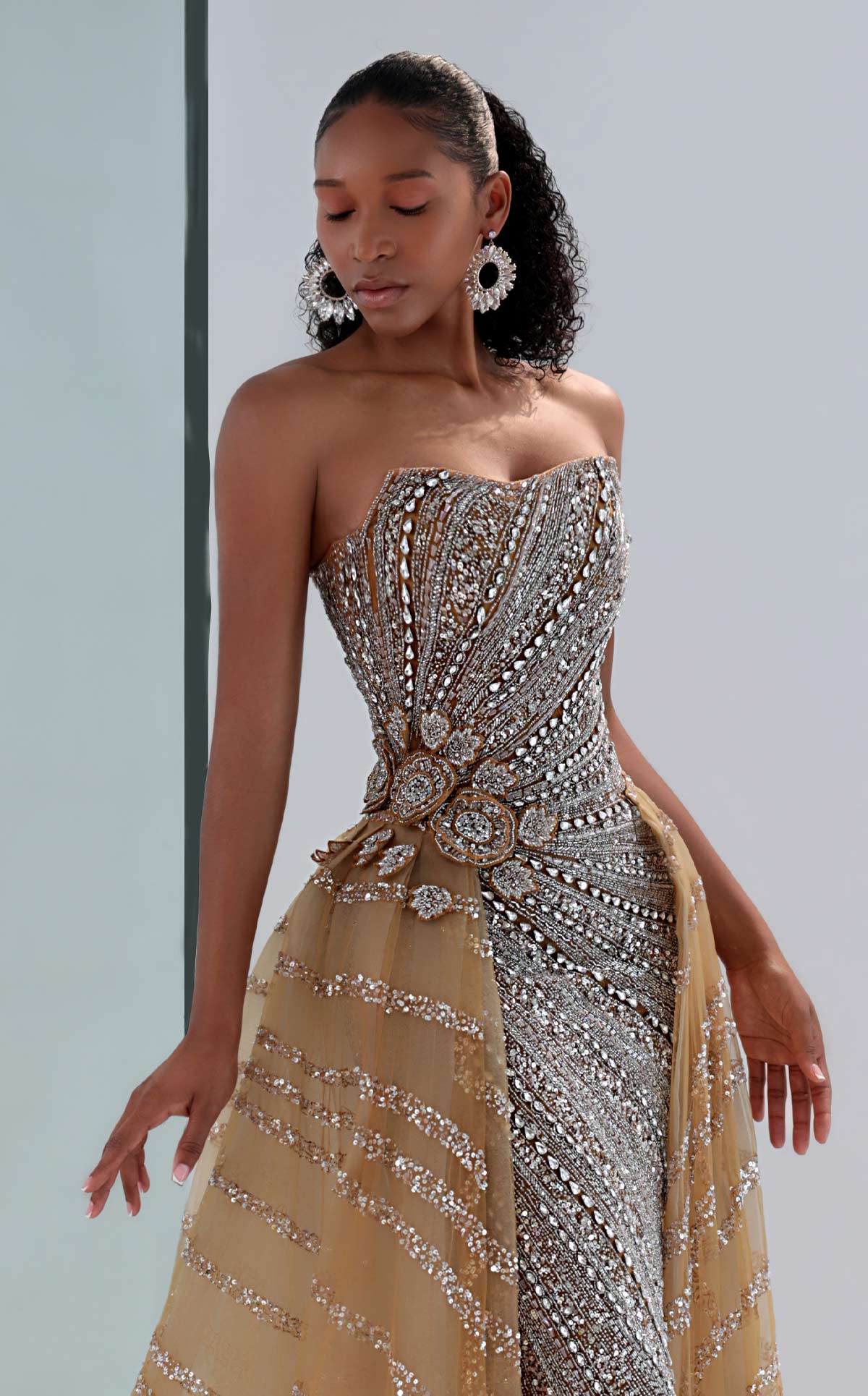 MNM Couture M1186 Beige Sequin Mermaid Gown with Detachable Overskirt & Crystal Embellishment