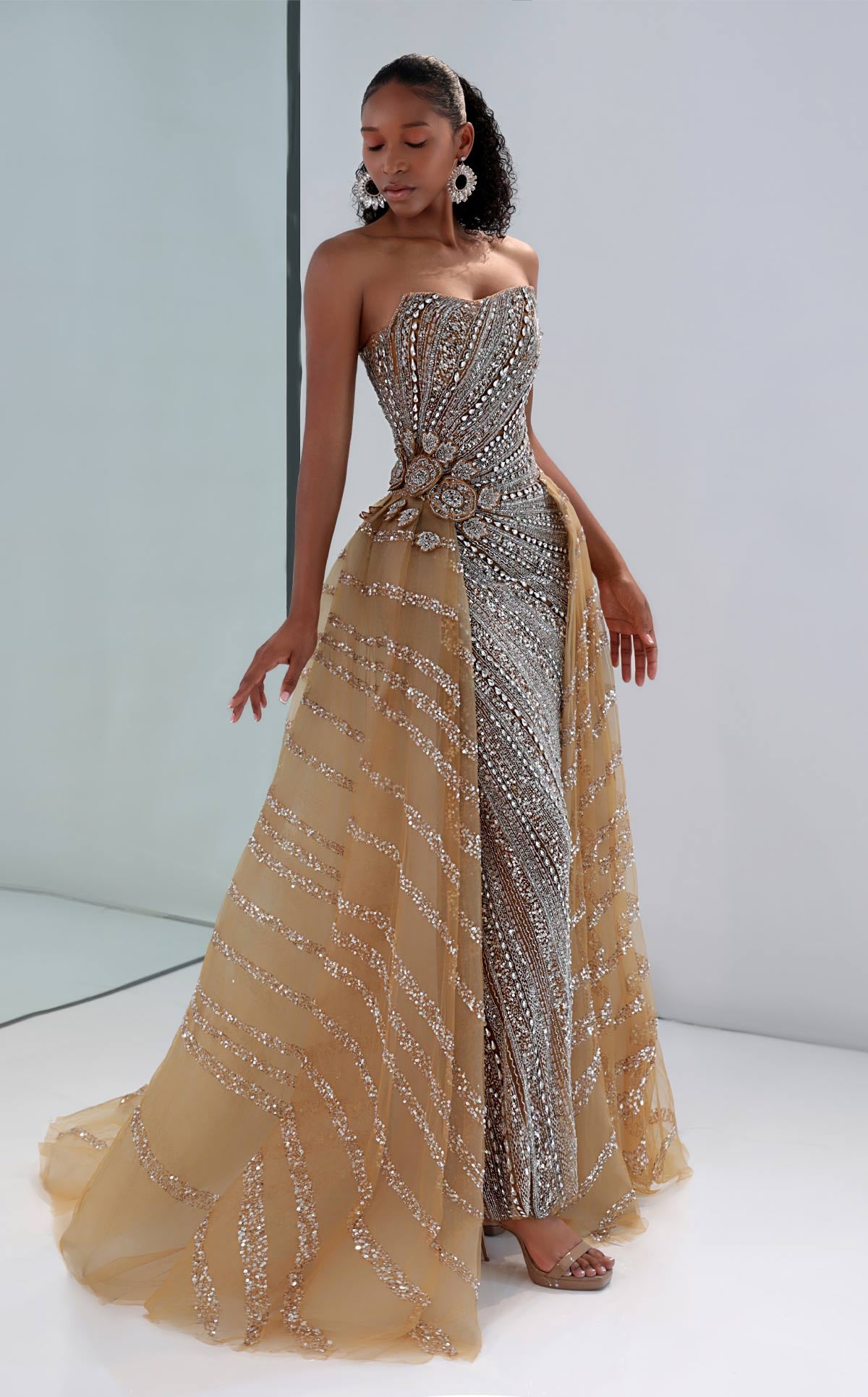 MNM Couture M1186 Beige Sequin Mermaid Gown with Detachable Overskirt & Crystal Embellishment