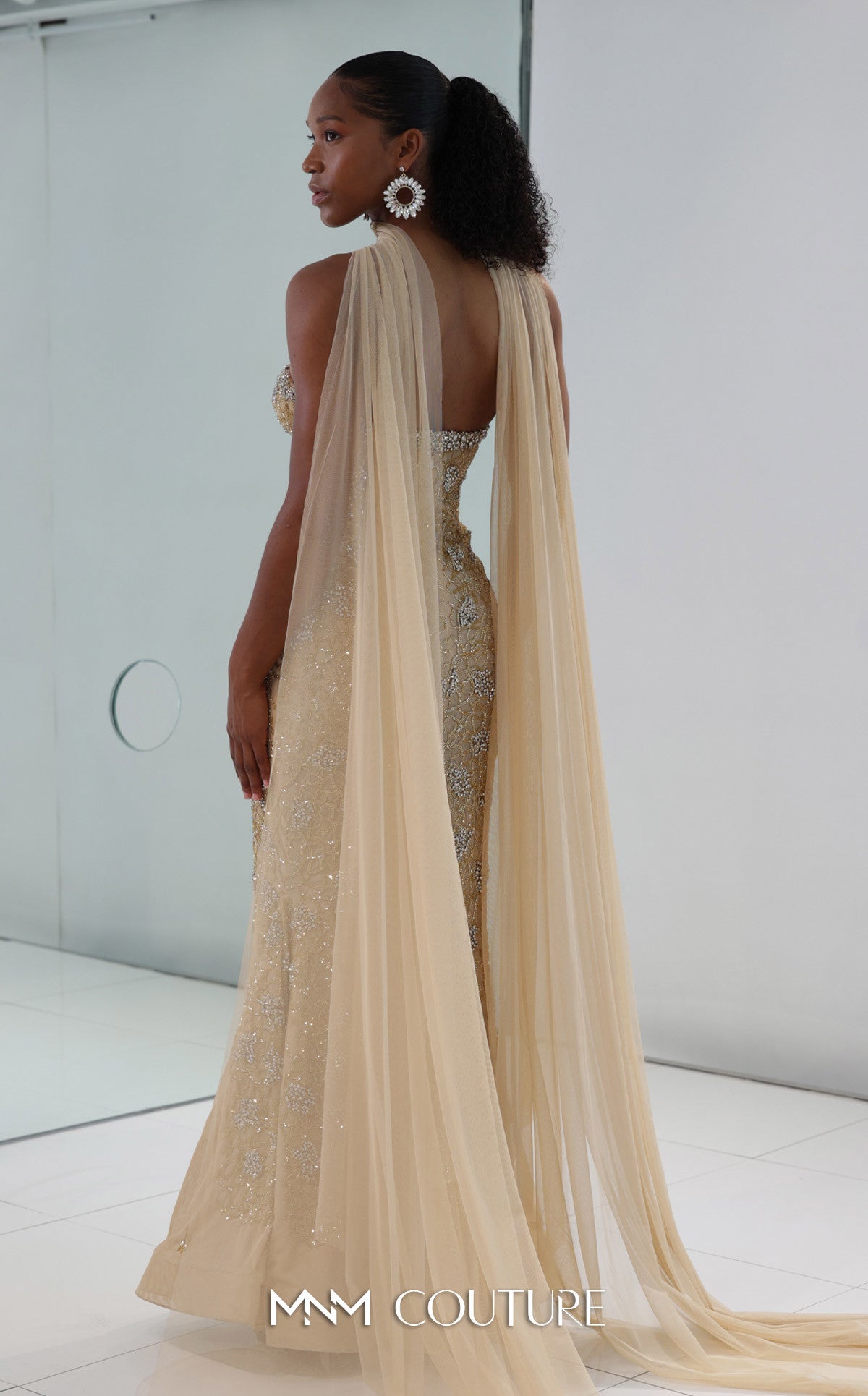 MNM Couture M1188 - Golden Embroidered Mermaid Gown with Sheer Cape