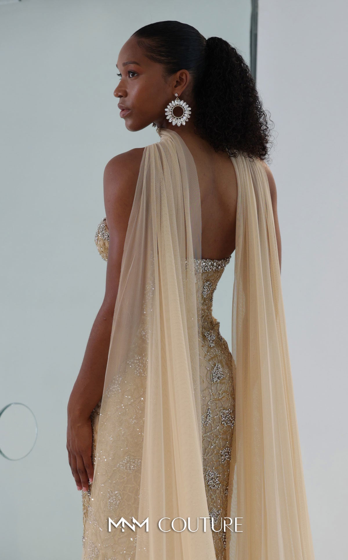 MNM Couture M1188 - Golden Embroidered Mermaid Gown with Sheer Cape