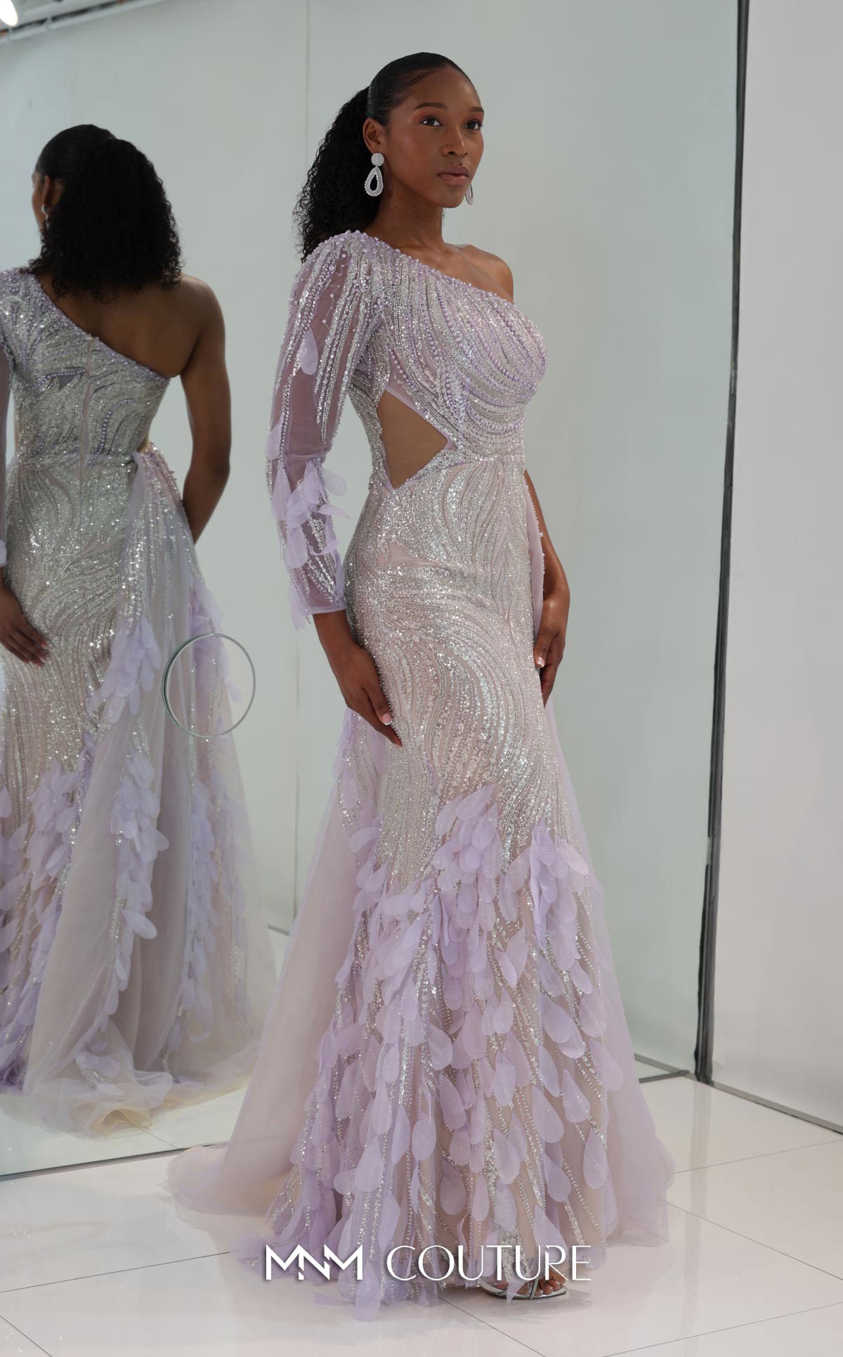 MNM Couture M1310 - Asymmetric A-Line Gown with Sequin Overskirt