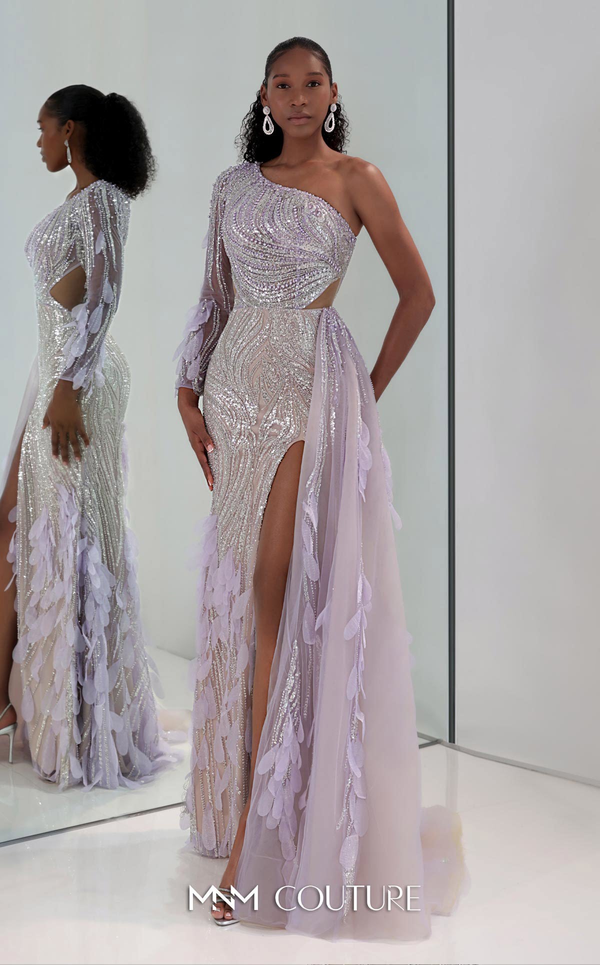 MNM Couture M1310 - Asymmetric A-Line Gown with Sequin Overskirt