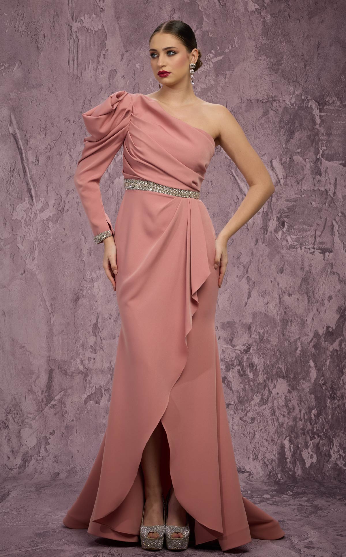 MNM Couture Q2851: One-Sleeve Embellished Crepe Gown