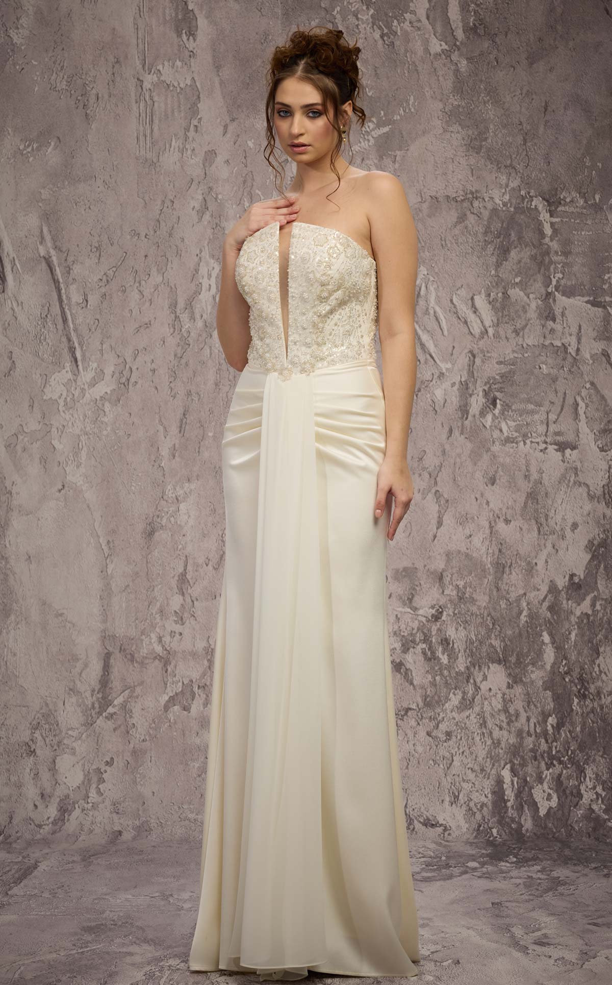 MNM Couture Q7545: Beaded Gown with Ruched Hips
