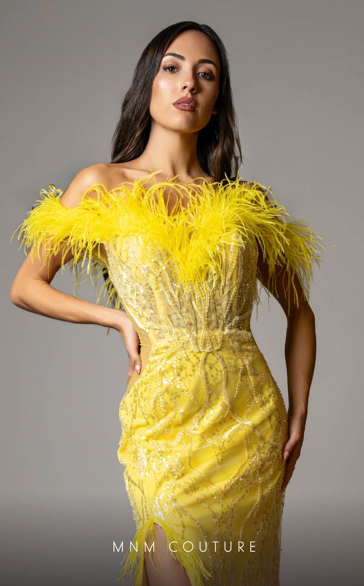 MNM Couture Style M1048 - Dramatic Mesh Elegance with Feathered Highlights
