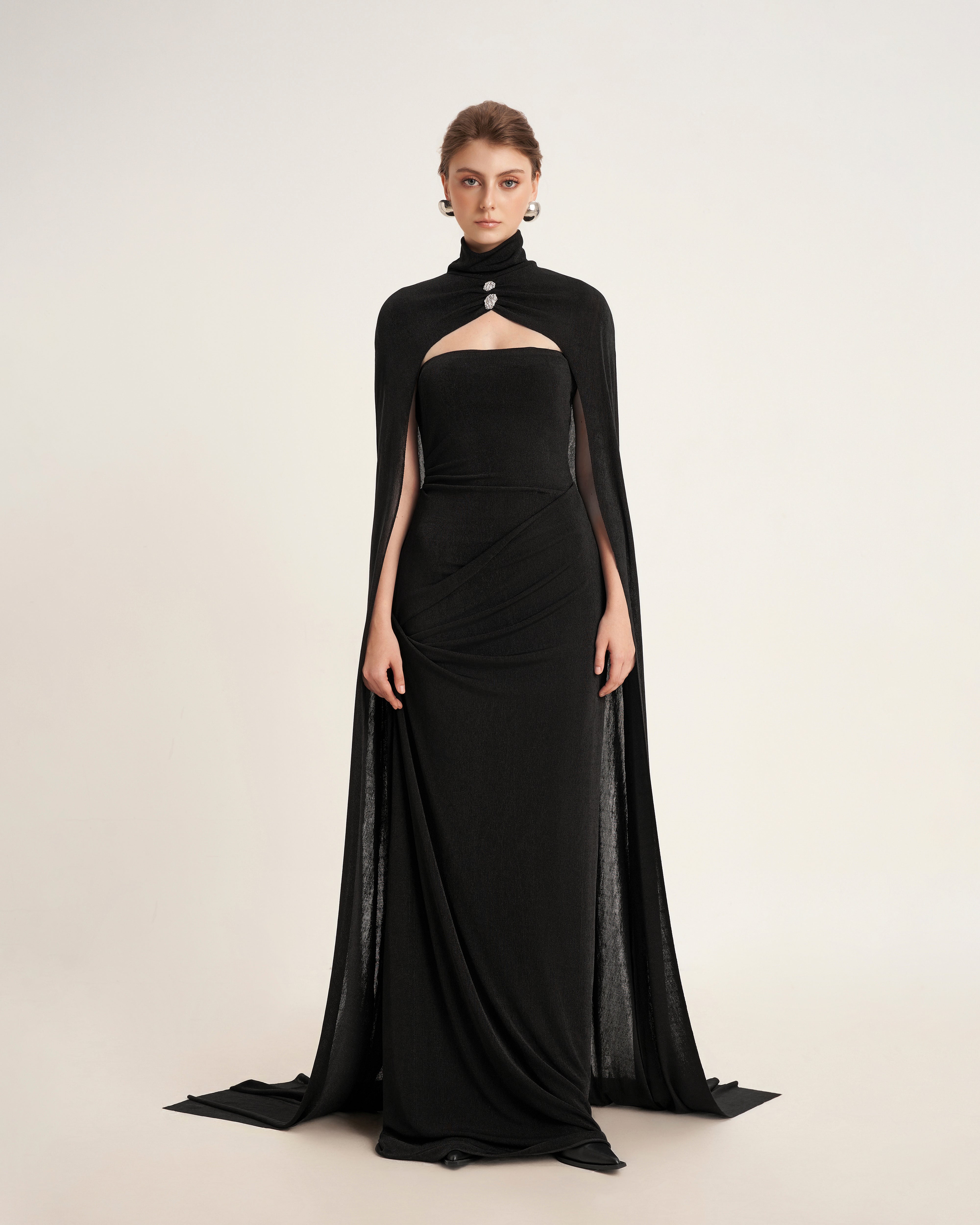 Mirer - Pansy Sheath Elastance Jersey Maxi Dress With Cape