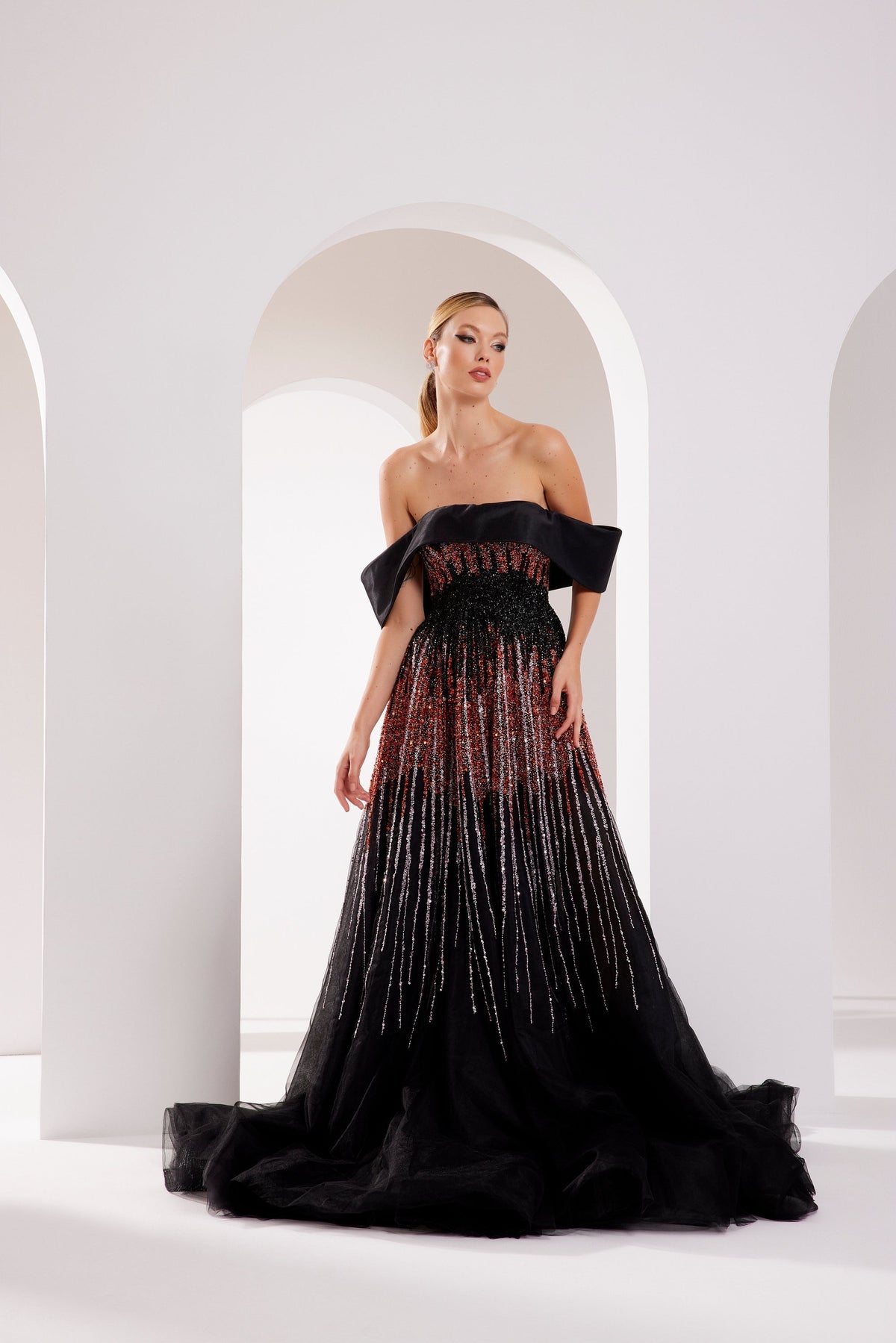 Li Beirut M1009 – Off-Shoulder Embellished Gown with Gradient Sequin Bodice