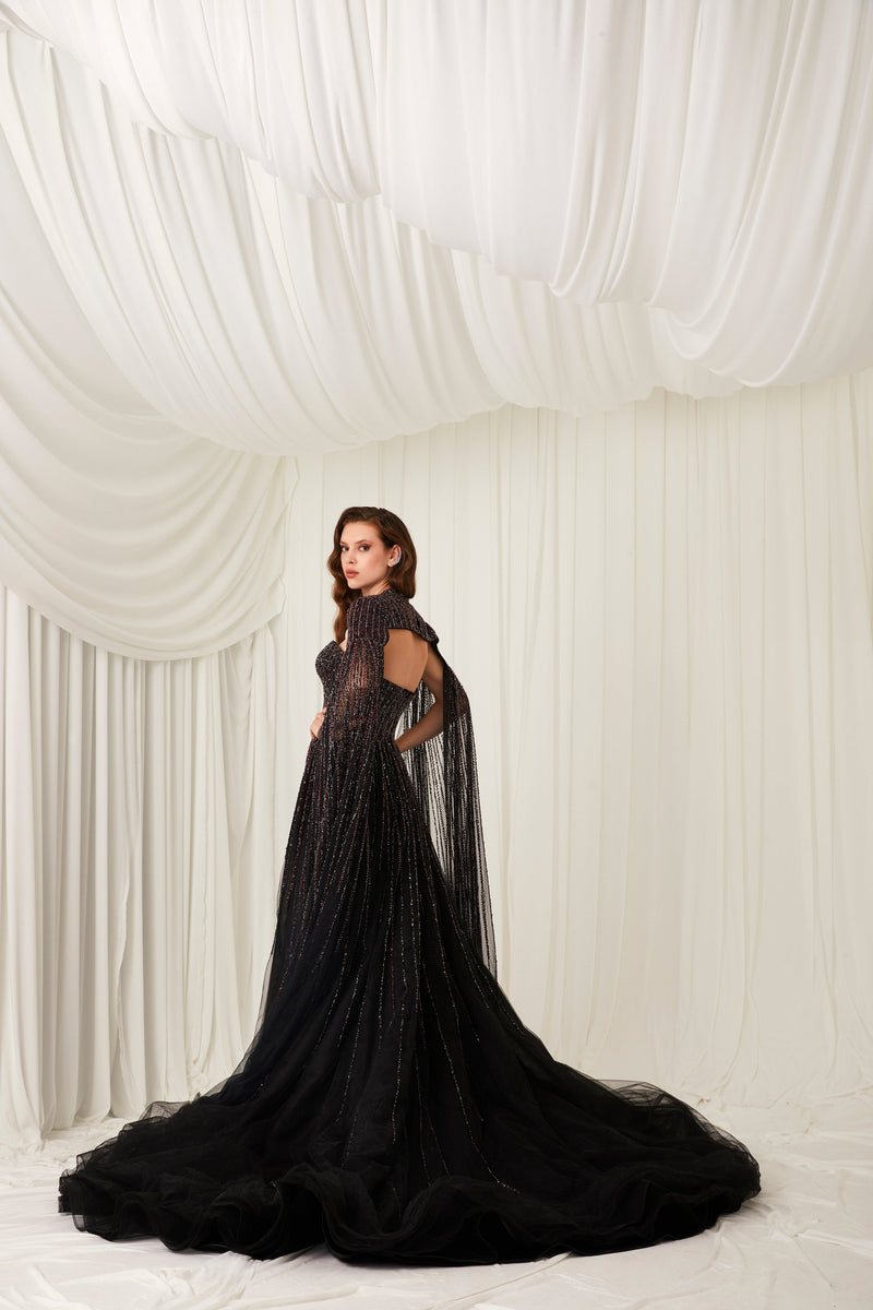 Nour Fathallah M1000 - Embellished Tulle Ball Gown with Cape Detail