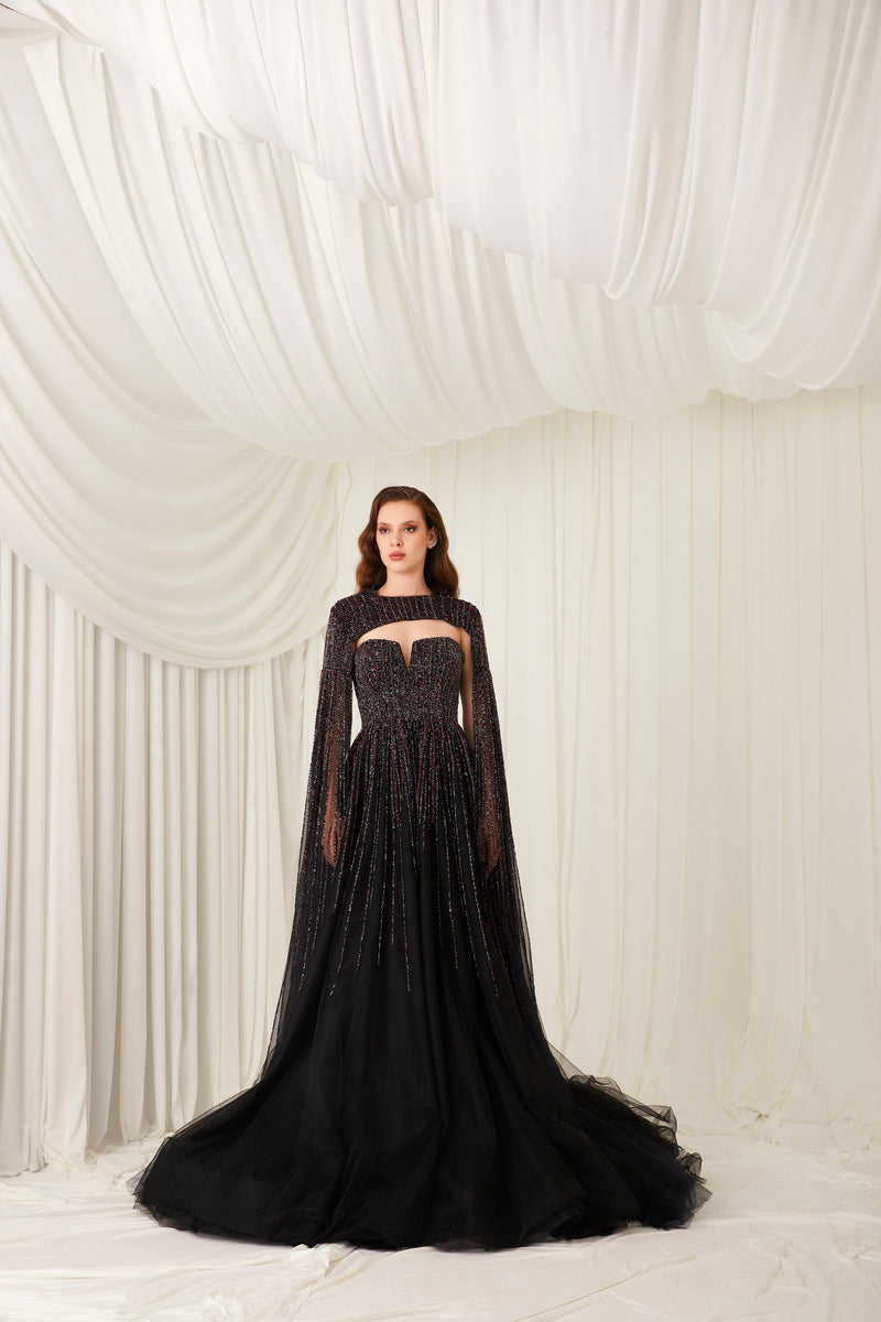 Nour Fathallah M1000 - Embellished Tulle Ball Gown with Cape Detail