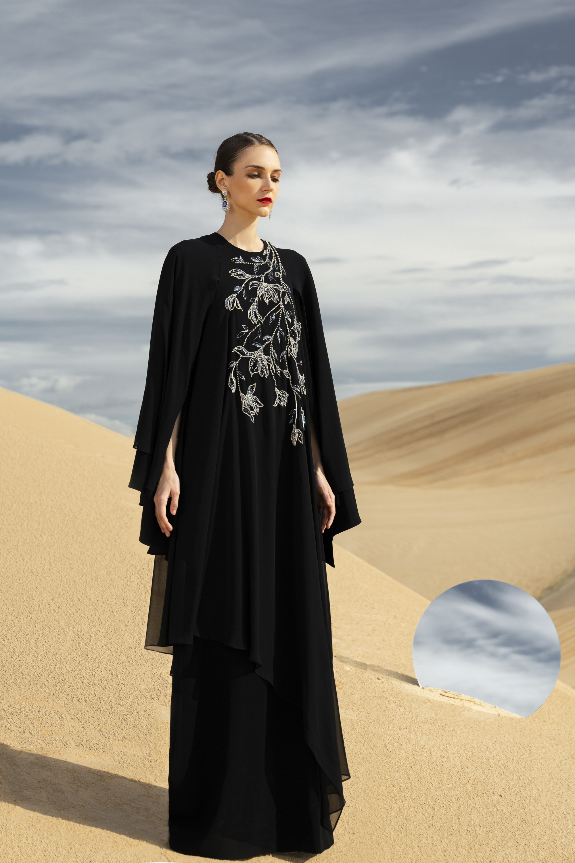 Malina Straight Cape Sleeved Chiffon Maxi Dress