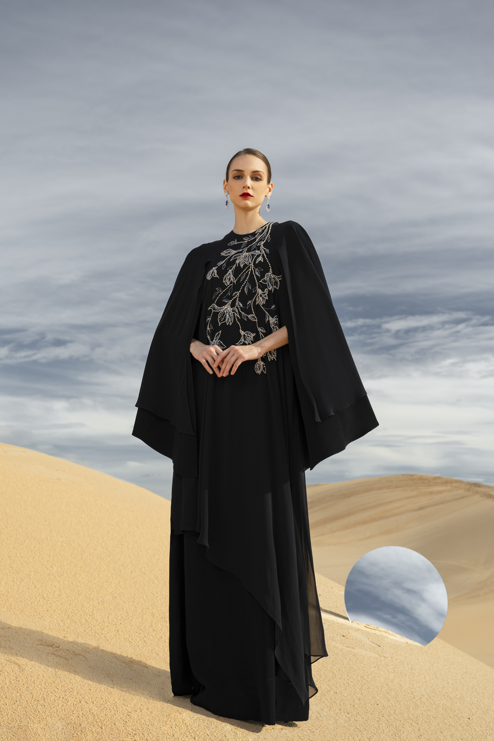 Malina Straight Cape Sleeved Chiffon Maxi Dress