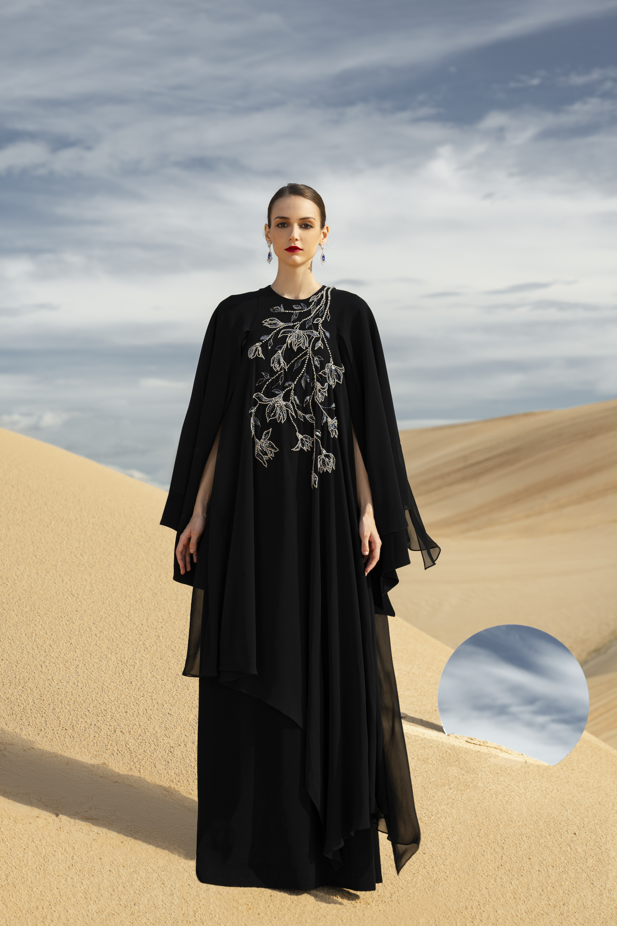 Malina Straight Cape Sleeved Chiffon Maxi Dress