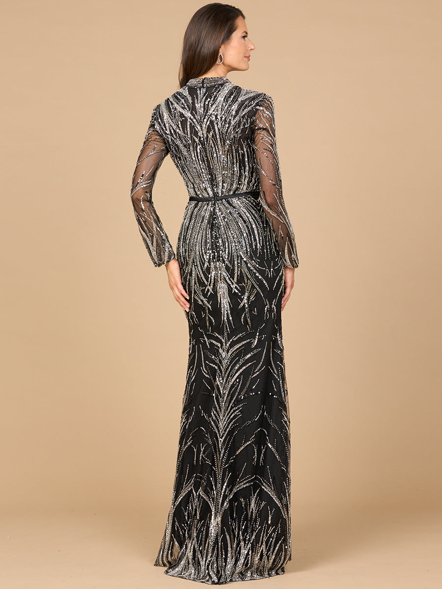 Mandarin V-Neck Gown with Long Sleeves 28948