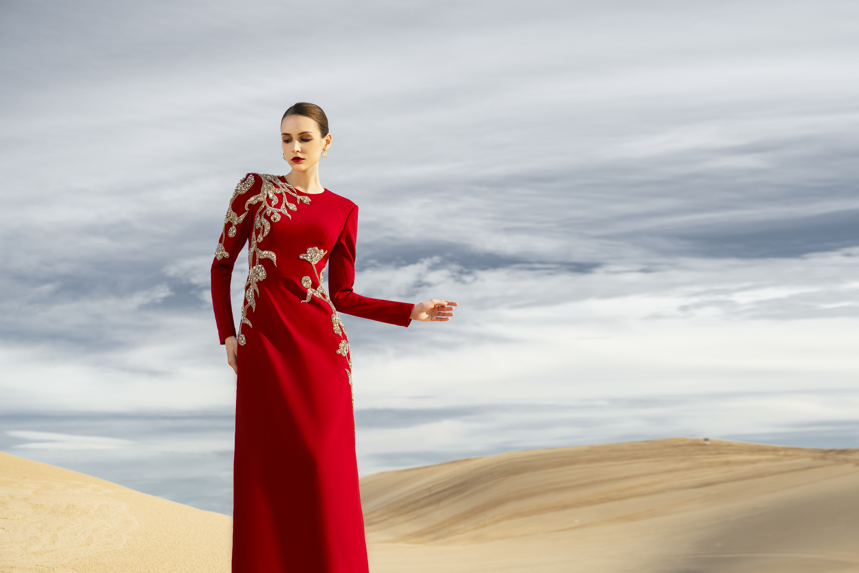 Matilde A-line Long Sleeved Velvet Satin Maxi Dress