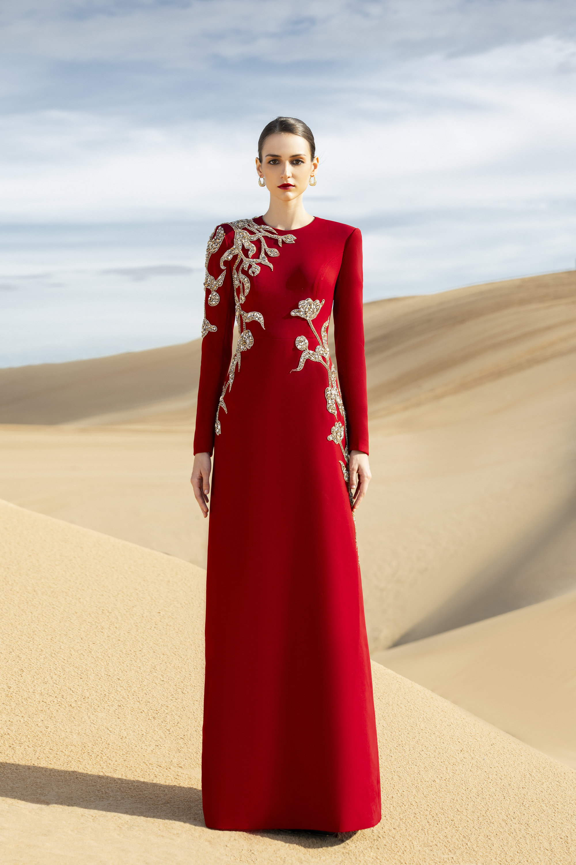 Matilde A-line Long Sleeved Velvet Satin Maxi Dress