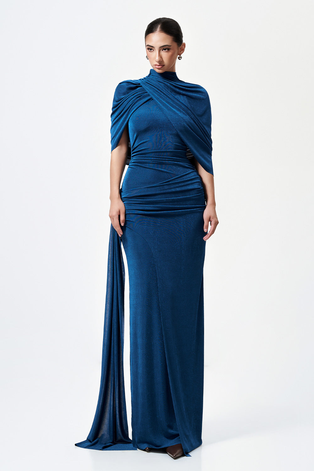 Mirer - Athena Sheath Cape Shoulder Elastic Cotton Maxi Dress-4