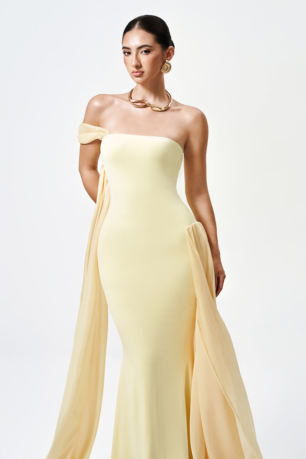 Mirer - Aura Asymmetric Off Shoulder Cotton Spandex Floor Length Dress-1