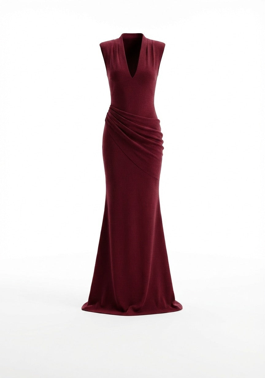 Mirer - Aveline V Neck Draped Maxi Dress-7