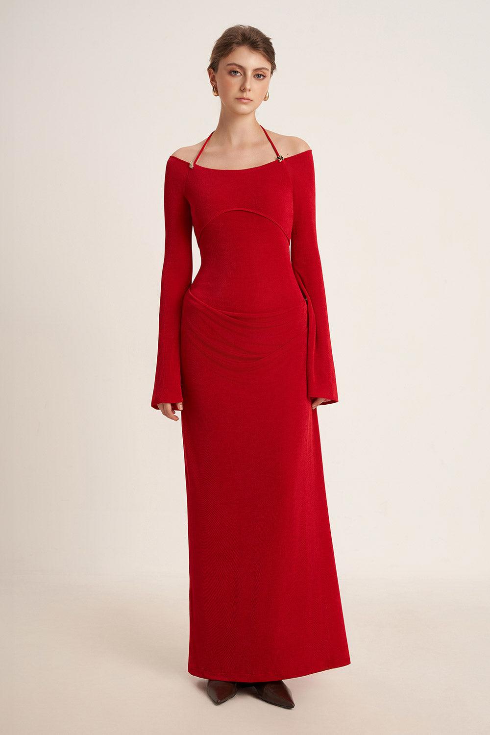 Mirer - Cassia A Line Halter Neck Elastic Cotton Floor Length Dress-2